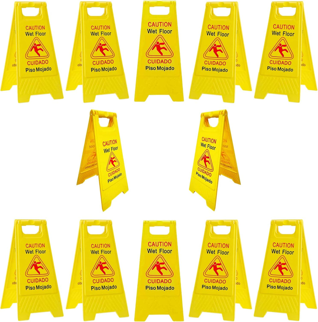 12-Pack Caution Wet Floor Signs | Foldable Sturdy Double-Sided Bilingual Saftey Warning Signs | Cuadado Piso Mojado| Avoid Fall & Slip Accident | Bright Yellow