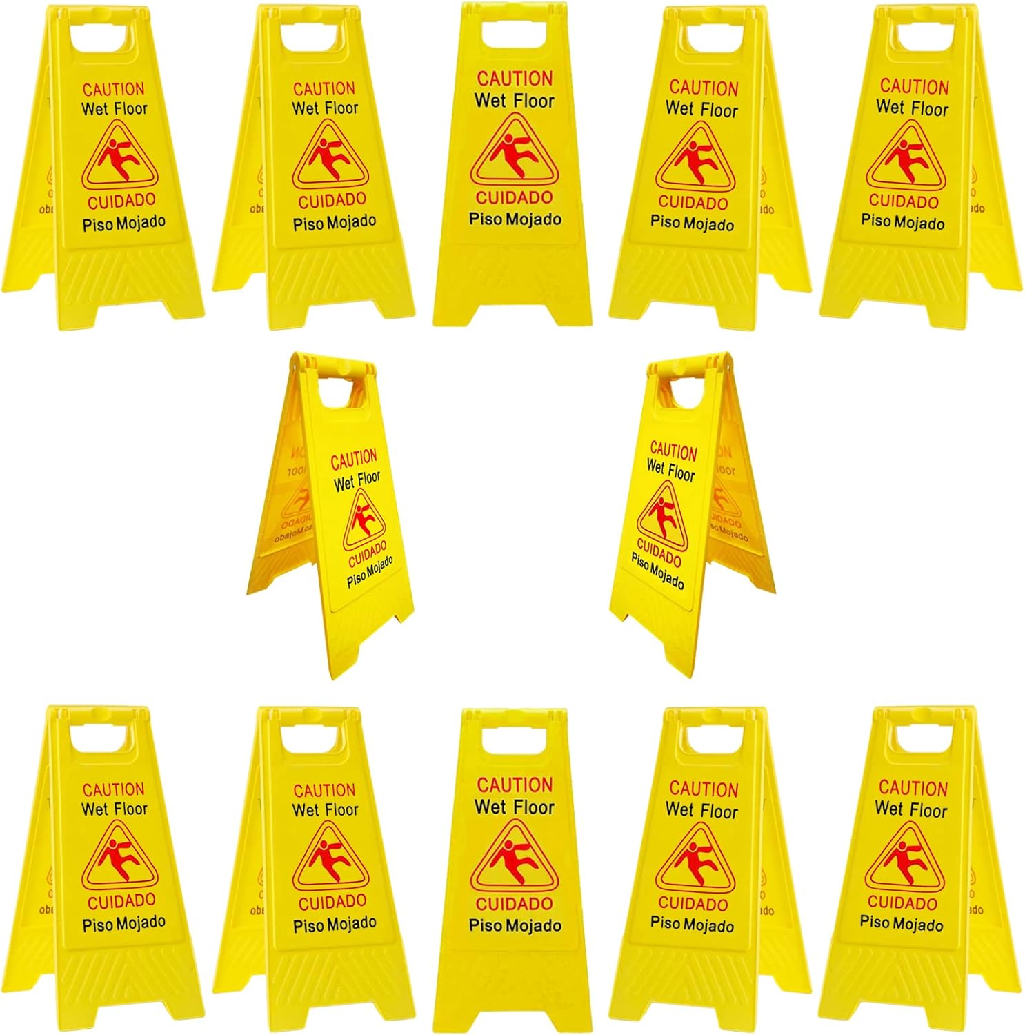 12-Pack Caution Wet Floor Signs | Foldable Sturdy Double-Sided Bilingual Saftey Warning Signs | Cuadado Piso Mojado| Avoid Fall & Slip Accident | Bright Yellow