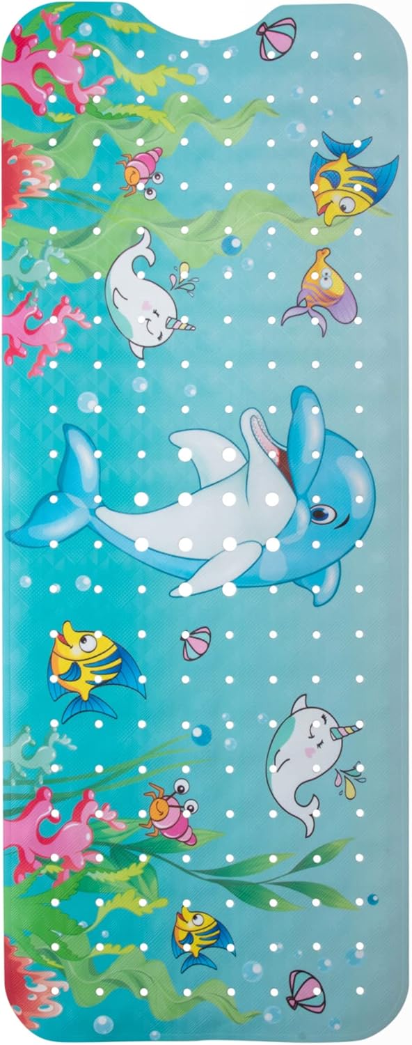 ENKOSI Bath Mat Long 40x16 – Non-Slip Bathtub Mat with Secure Suction Cups & Drain Holes with Fun Dolphin Design - Bathroom Shower Mat for Tub for Kids and Toddlers (Bath Dolphin)