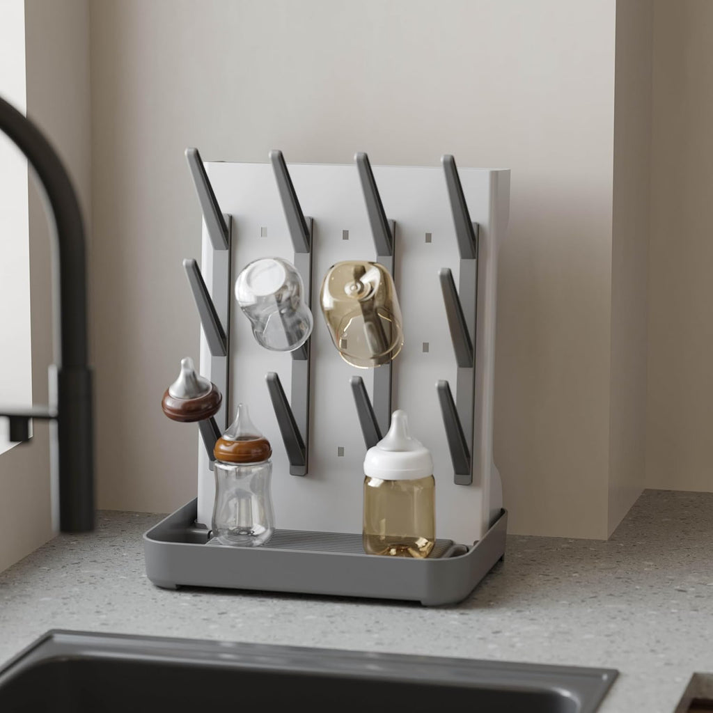 IEEK Baby Bottle Drying Rack,Large Vertical Drying Tower Bottle Rack Holder Space Saving Standing Drying Rack for Countertop-Holds 12 Baby Bottles and Cup,Etachable Travel Bottle Rack,Grey and White