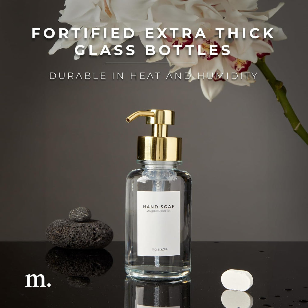 MaisoNovo Glass Foaming Hand Soap Dispenser 14 Oz | Gold Foaming Soap Dispenser Clear Bottle Gold Pump x 1 w/Labels