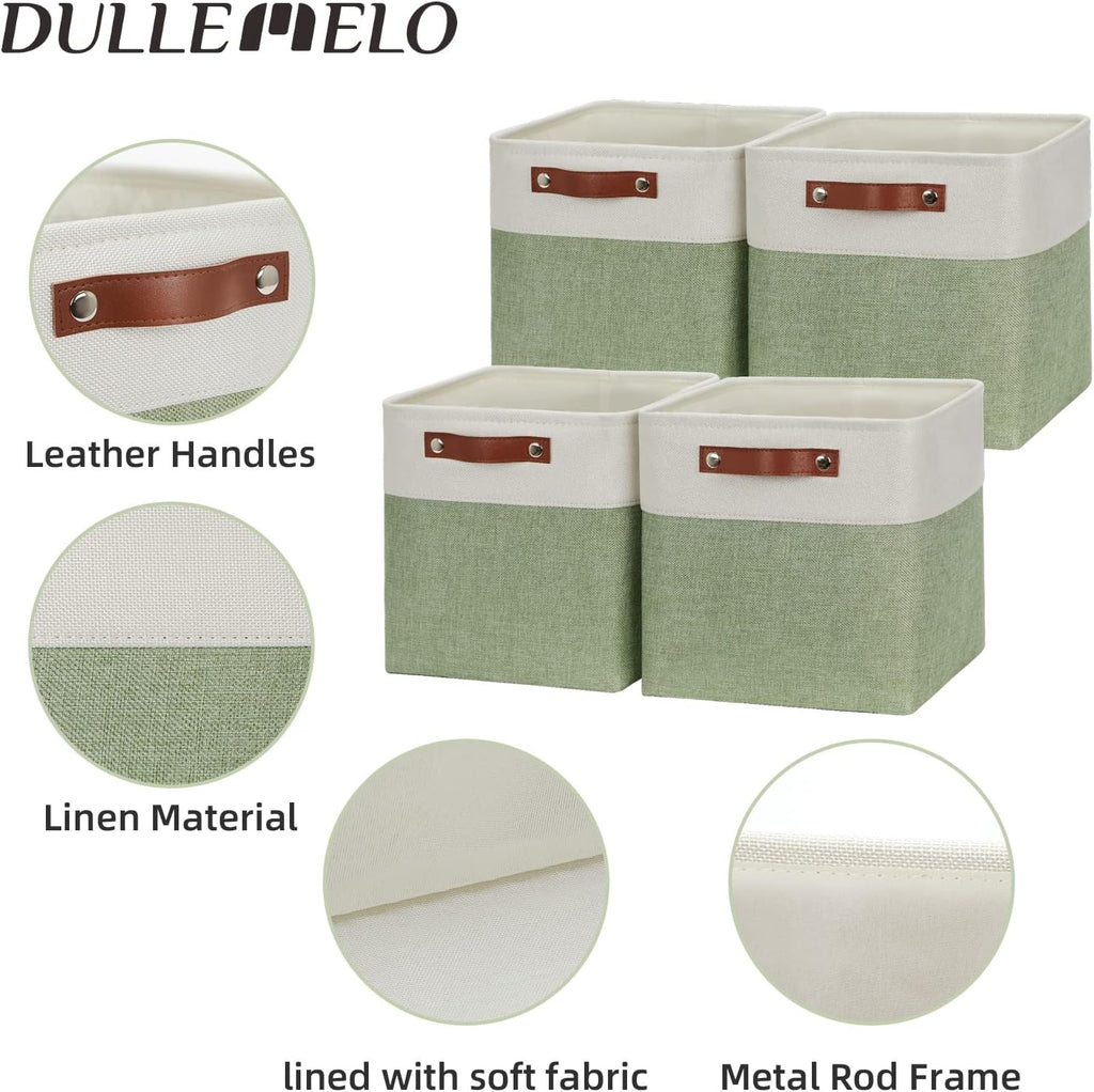 DULLEMELO Storage Baskets for Organizing, Fabric Storage Cubes for Dog Toy Box, 11 Inch Decorative Cube Storage Bins with handle for Baby Gift Basket(4 Pack - 11" White&Green)