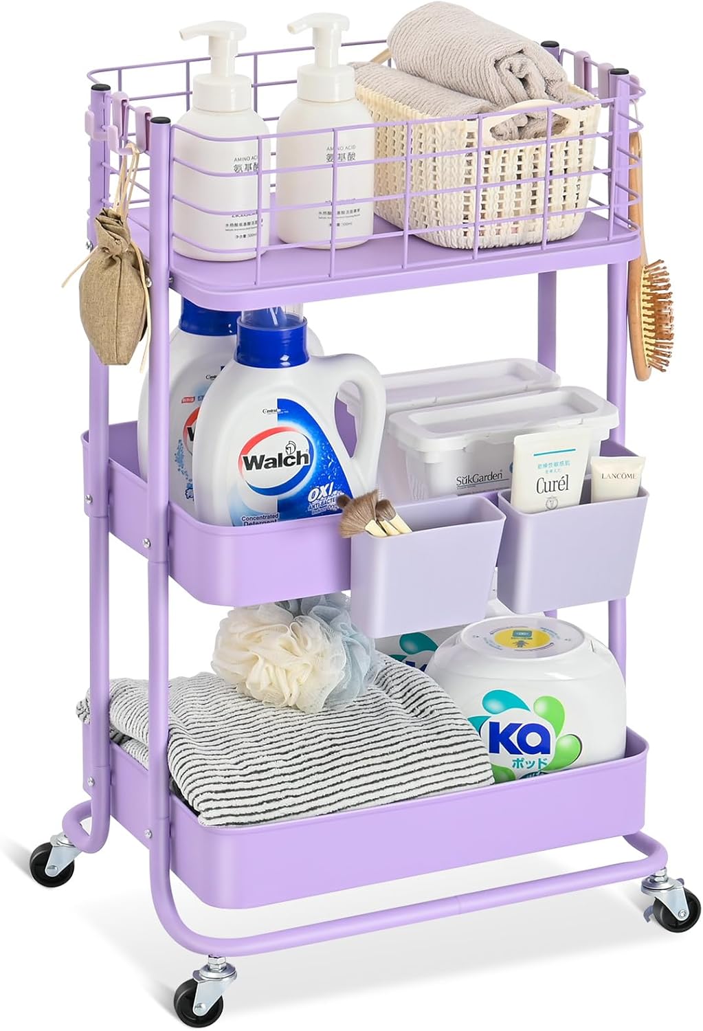 KINGRACK 3 Tier Rolling Cart, Metal Mobile Storage Shelf with Lockable Wheels, Prevent Falling Utility Trolley Cart, Storage Organizer for Kitchen, Office, Bathroom, Dorm, Purple