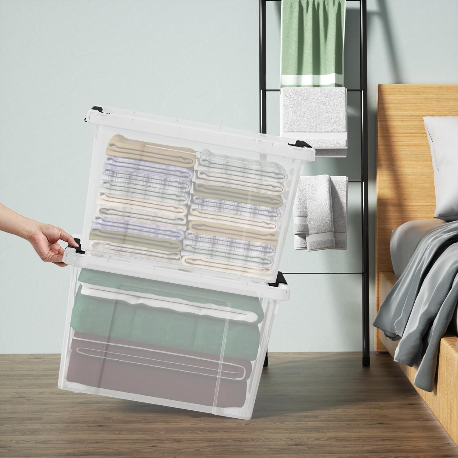 35 Quart Latching Storage Box with Wheels, See-Through Base Plastic Container Bins with Secure Latching Lid, Black Latch, (4-Pack)