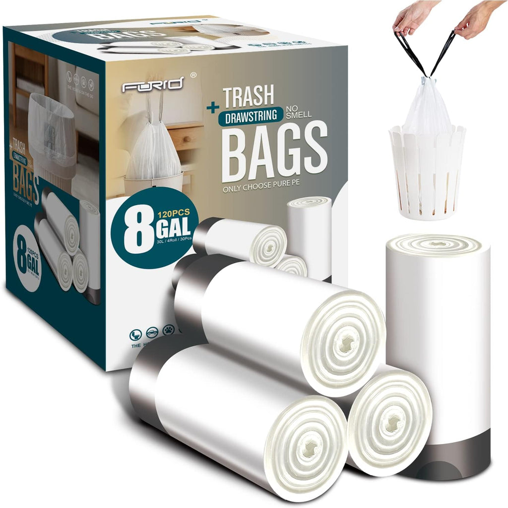 FORID Medium Drawstring Trash Bags - Plastic Garbage Bags 8 Gallon (30 Liter) White Disposable Can Liners for Kitchen Bedroom Bathroom Home Office (120 Counts) - Durable & Thick Trash Bags