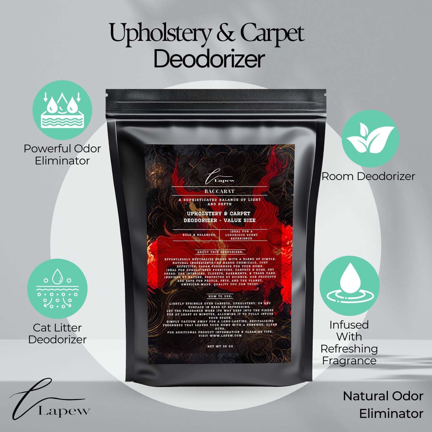 Baccarat Carpet Freshener Powder Refill 36 oz | Powerful Odor Eliminator for Home | Upholstery Deodorizer | Carpet Deodorizer | Pet Urine | Cat Litter Box | Enchanted Rouge Fragrance