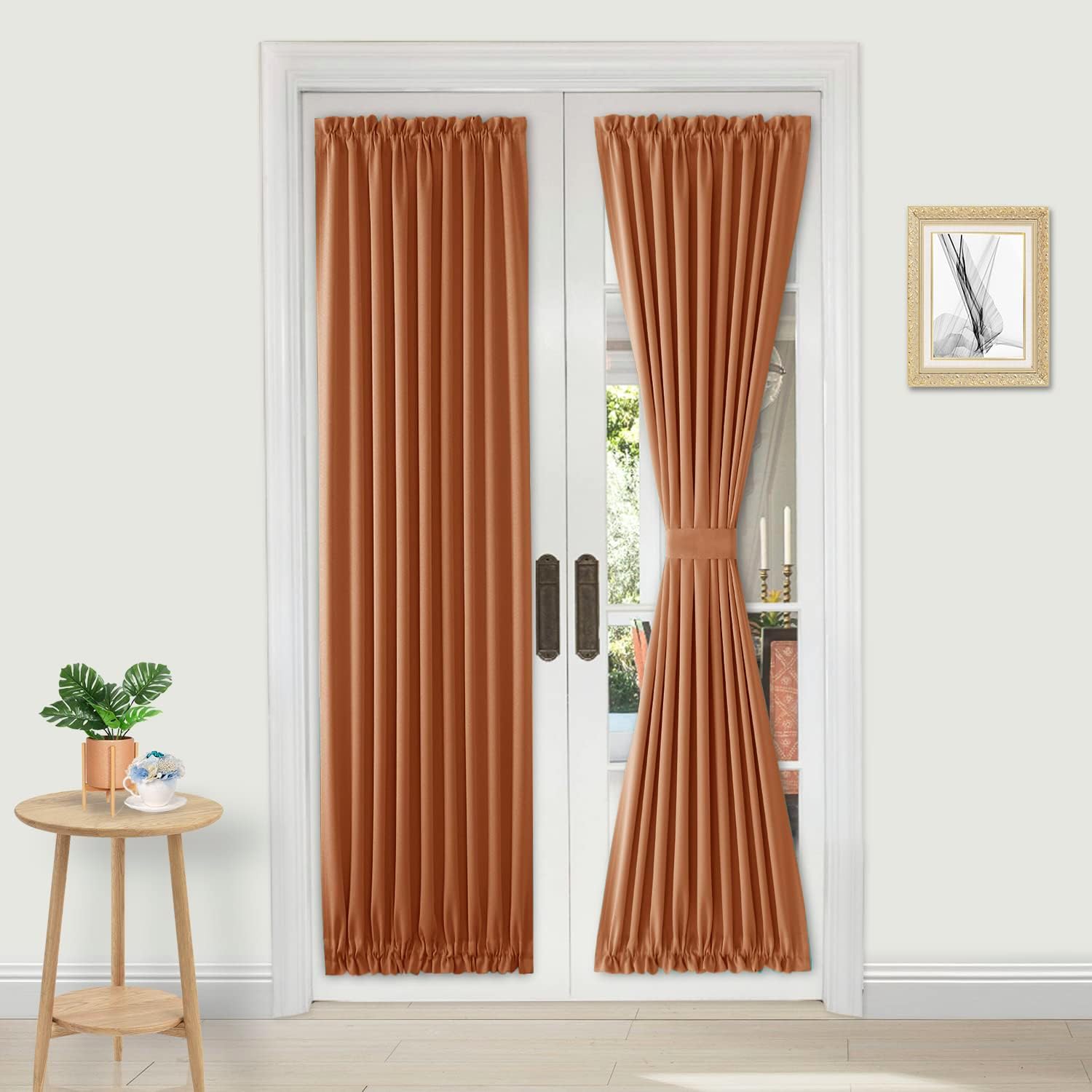 DWCN French Door Curtains – Rod Pocket Thermal Blackout Curtain for Doors with Glass Window, Kitchen and Patio Doors for Privacy, 36 X 72 Inches Long, 1 Curtain Panel with Tieback,Burnt Ochre