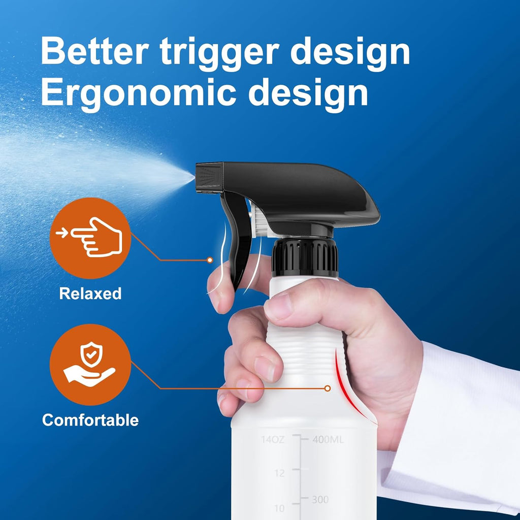 Veco Spray Bottle (2 Pack 16 Oz Black&Folded funnels) with Measurements and Adjustable Nozzle,HDPE Plastic Spray Bottles for Cleaning Solution,Household/Commercial/Industrial Use,No Leak and Clog