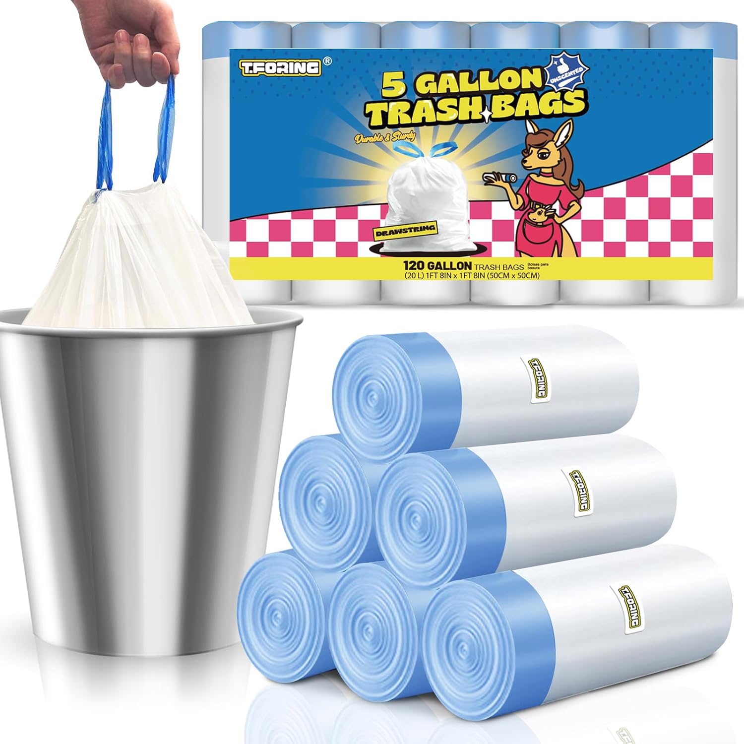 5 Gallon Trash Bags Drawstring 1.1 Mil - 120 Count 18 Liter Small Garbage Bags for Bathroom, Strong Unscented White Plastic Wastebasket Bin Liners for Kitchen Office Toilet and Bedroom