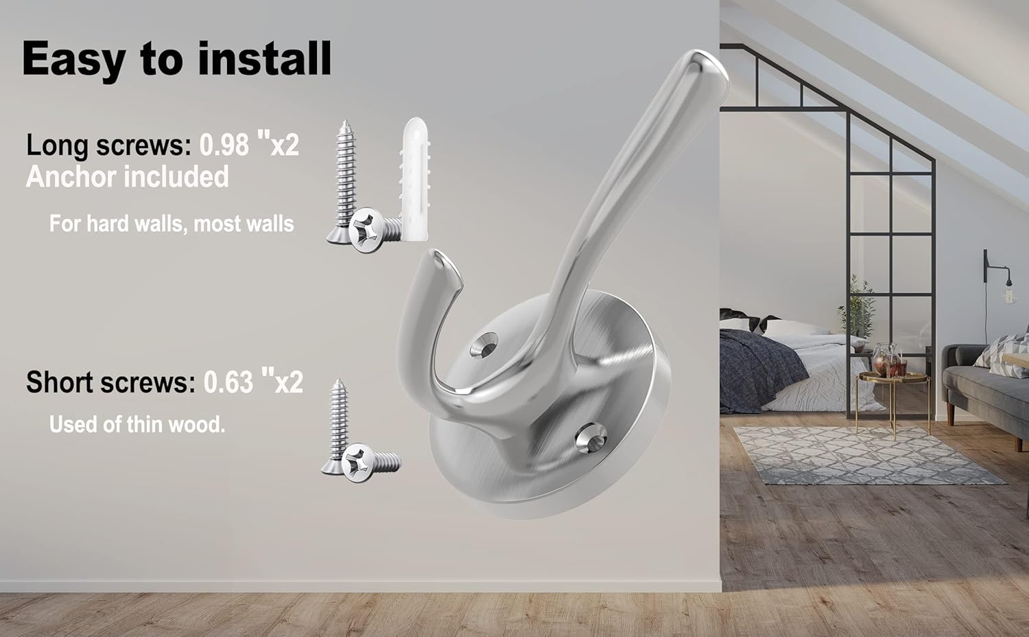 Brushed Nickel Wall Hooks Towel Hooks, 2 Pack Coat Robe Hook Heavy Duty Bathroom Double Hook Wall Mounted, Hand Towel Hooks for Closet Entryway Cubicle Kitchen