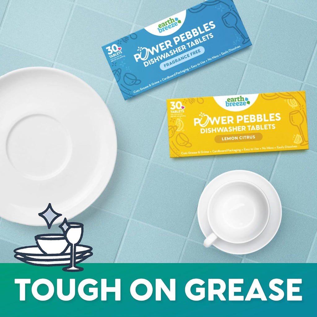 Earth Breeze Power Pebbles Dishwasher Tablets, Tough on Grease, Gentle on Dishes, Lemon Citrus Dish Detergent & Dishwasher Cleaner, Kitchen Cleaning Supplies for Sparkling Results, 90 Tabs (3-Pack)