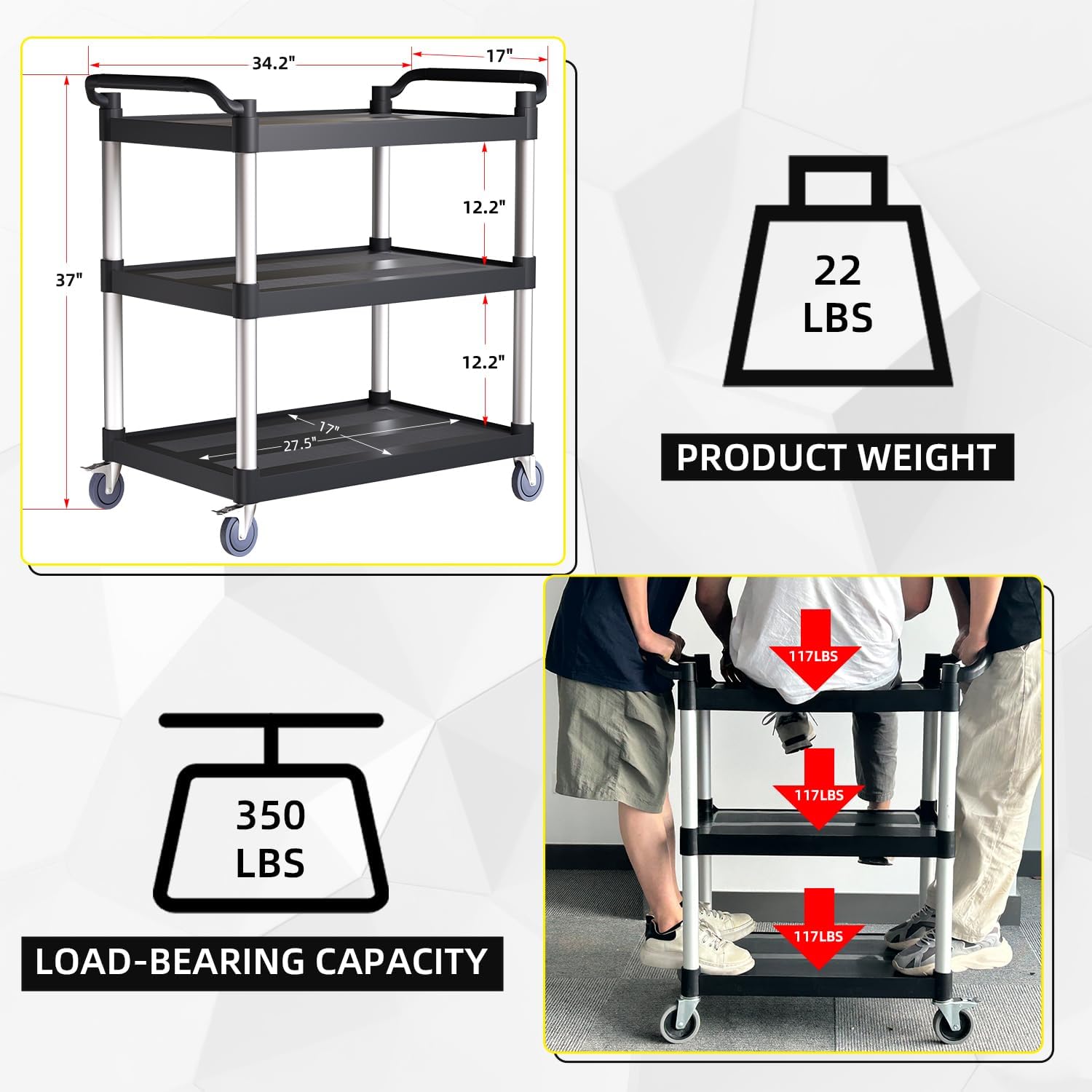Plastic Utility Cart with Anti-Tangle Wheels, Solid Armrests, 350 Lbs Heavy Duty Capacity, 3-Tier Rolling Serving Cart for Home, Office, Restaurant, Warehouse.34.2" × 17" × 37"