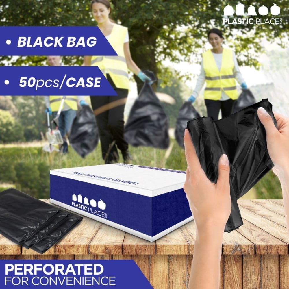 Plasticplace Contractor Trash Bags 40-45 Gallon │ 3.0 Mil │ Black Heavy Duty Garbage Bag │ 40” x 48” (50 Count)