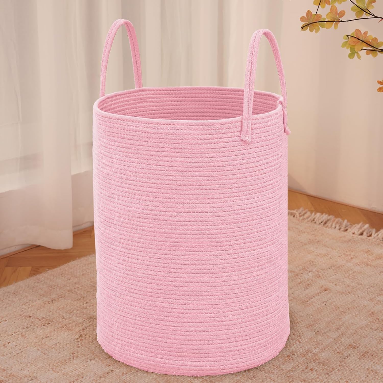 Large Woven Laundry Basket Hamper,60L Cotton Rope Storage Bin for Blankets,Toys and Clothes,Decorative Tall Nursery Hamper for Living Room,Baby Nursery,Bathroom and Bedroom,Pink