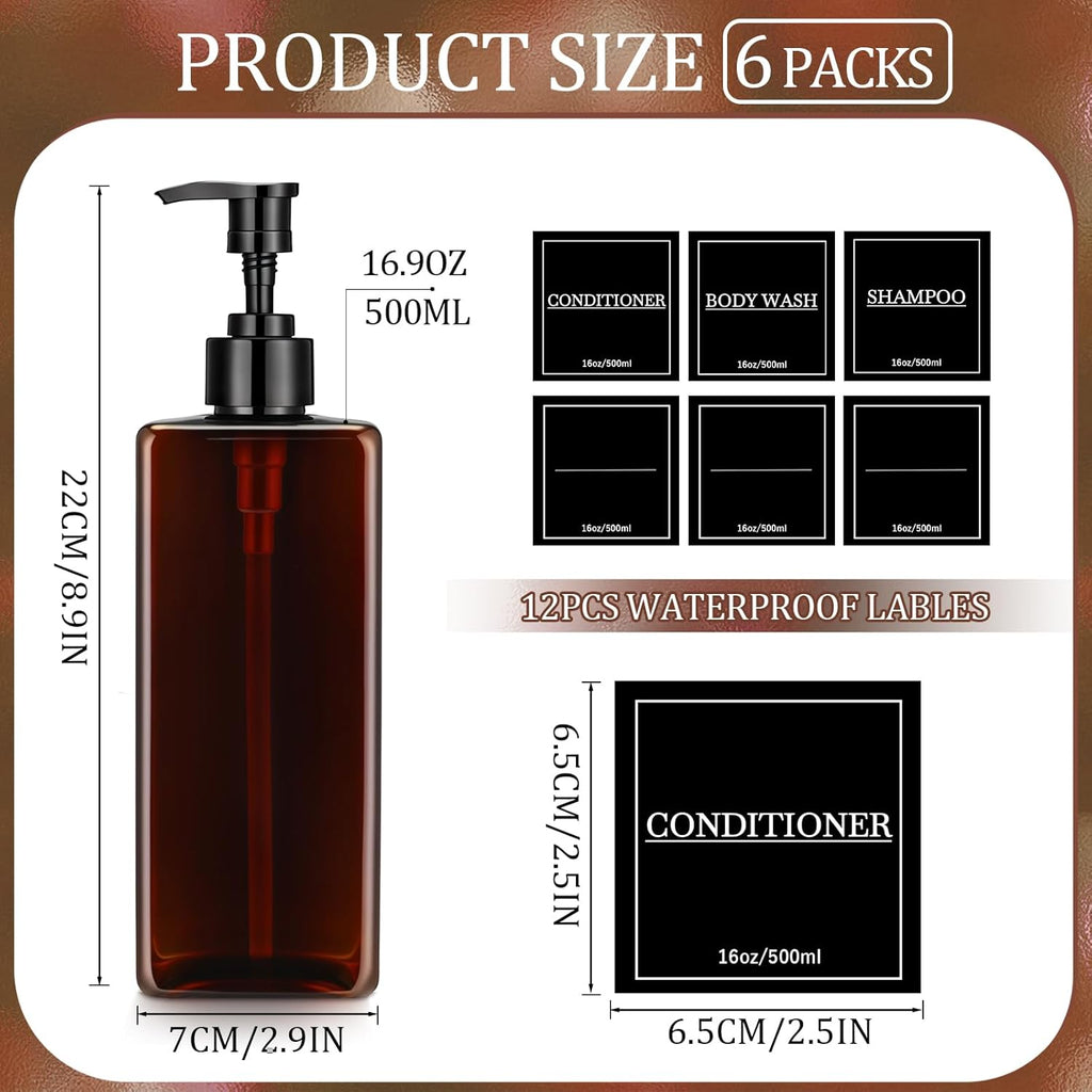 Tanlade 6 Pcs Shampoo and Conditioner Dispenser Bottles 16oz Modern Shower Soap Bottles with Pump, Labels and Marker Pen Easy to Refill Body Wash Dispensers for Home Bathroom Decoration(Brown)