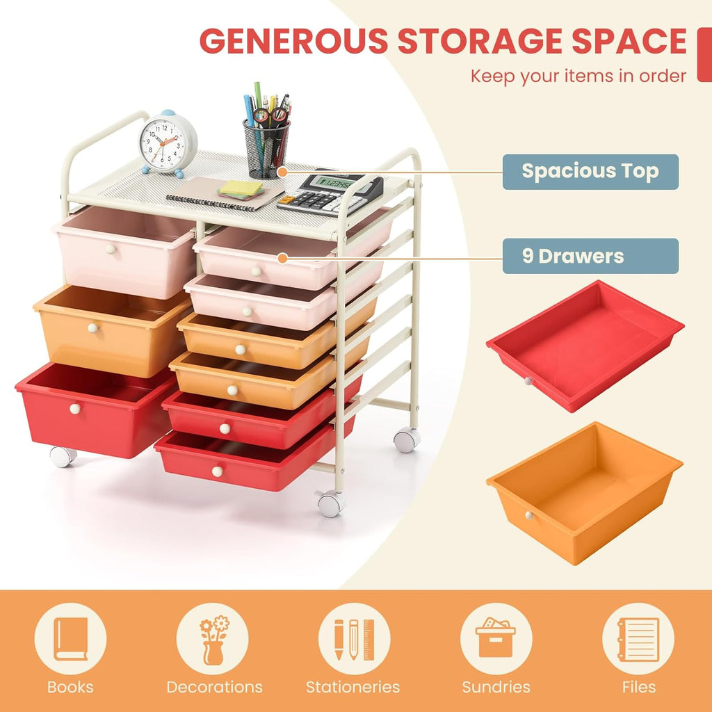 GOFLAME 9-Drawer Rolling Storage Cart, Mobile Utility Cart with Removable Drawers & Metal Frame, Art Craft Organizer Cart with Lockable Wheels, Storage Drawer Cart for Home Office, Macaron Color