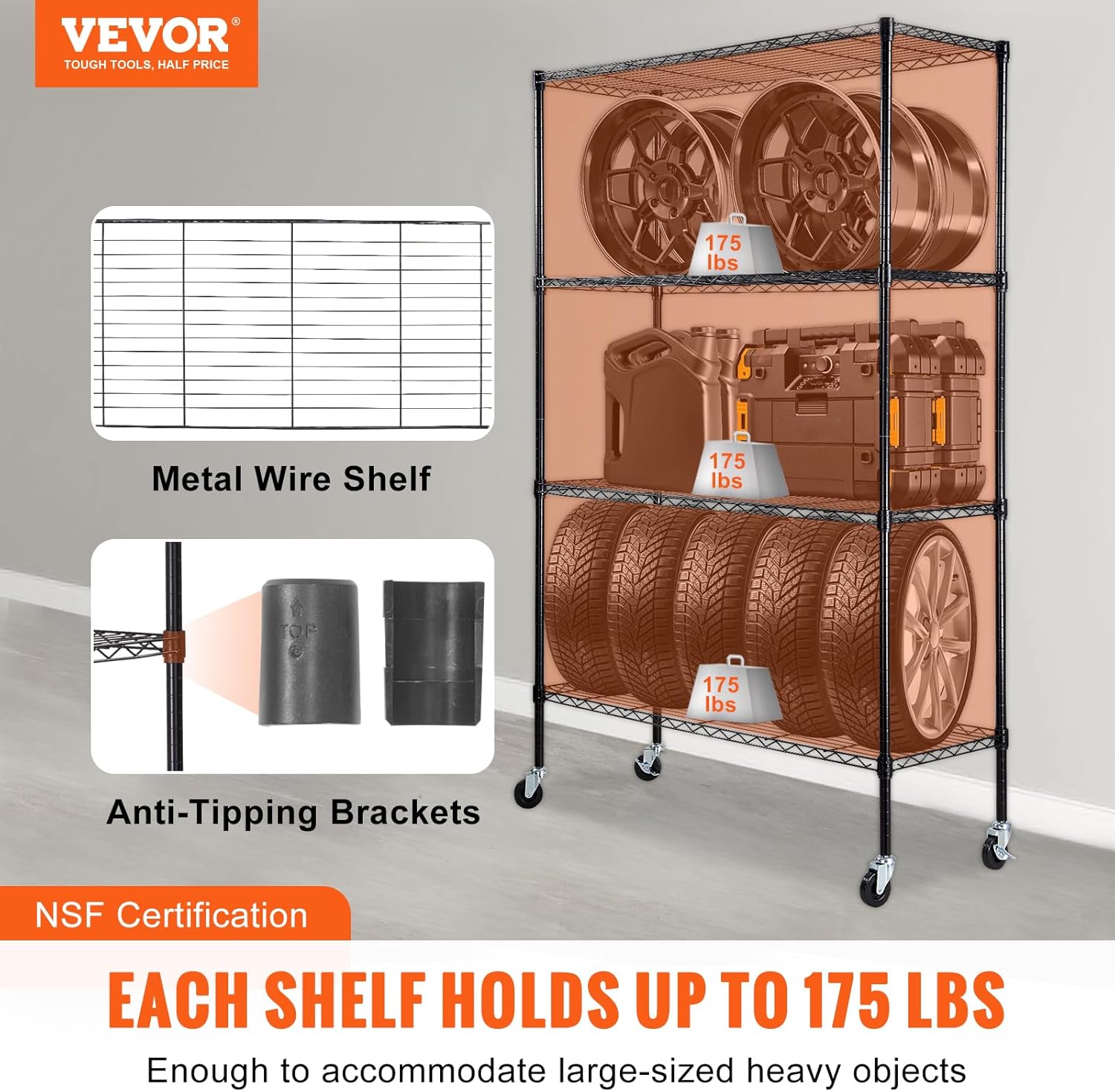 VEVOR Storage Shelving Unit, 4-Tier Adjustable Storage Shelves, 48" L x 18" W x 74" H Garage Storage Shelves, Metal Shelves with Wheels for Kitchen Pantry Basement Bathroom Laundry