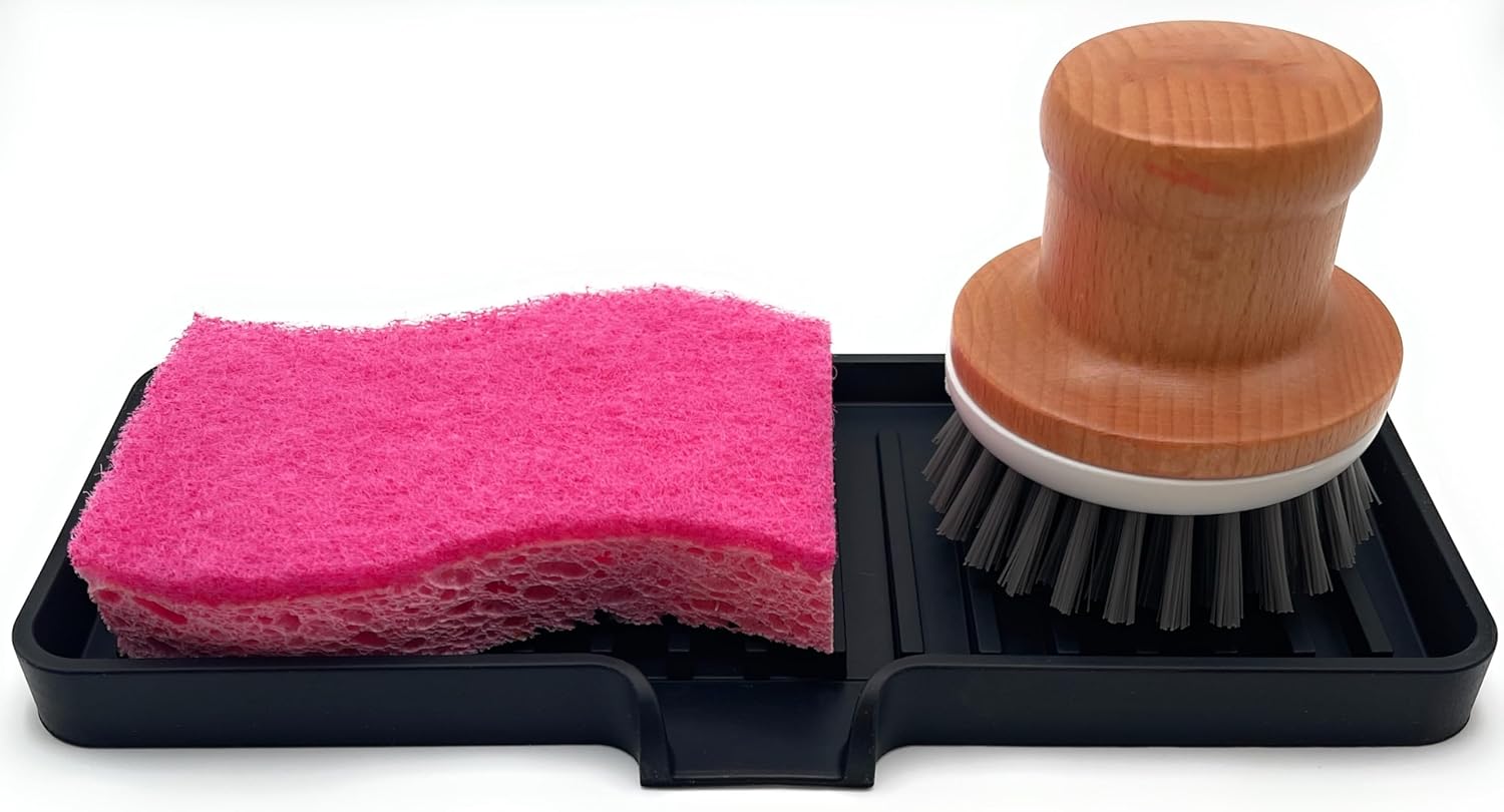 Happitasa Silicone Soap Dish Tray and Sponge Holder with Drain Chute | Bathroom and Kitchen Sink Organizer Caddy (Black, 9"x3.5", 5.6 Ounces)