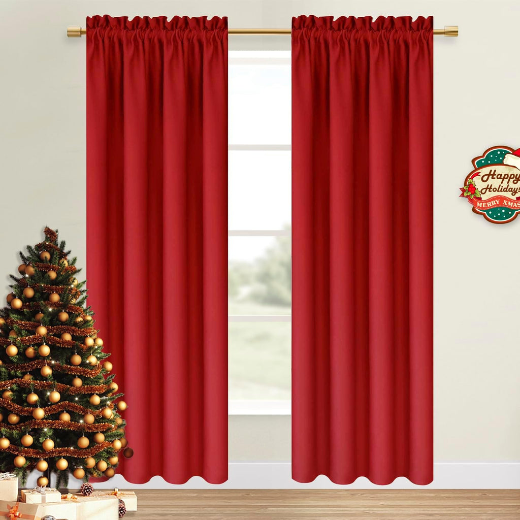 DWCN Christmas Blackout Curtains Room Darkening Thermal Insulated Bedroom Curtains Window Curtain Panels, 52 x 84 inches Long, Set of 2 Red Rod Pocket Drapes