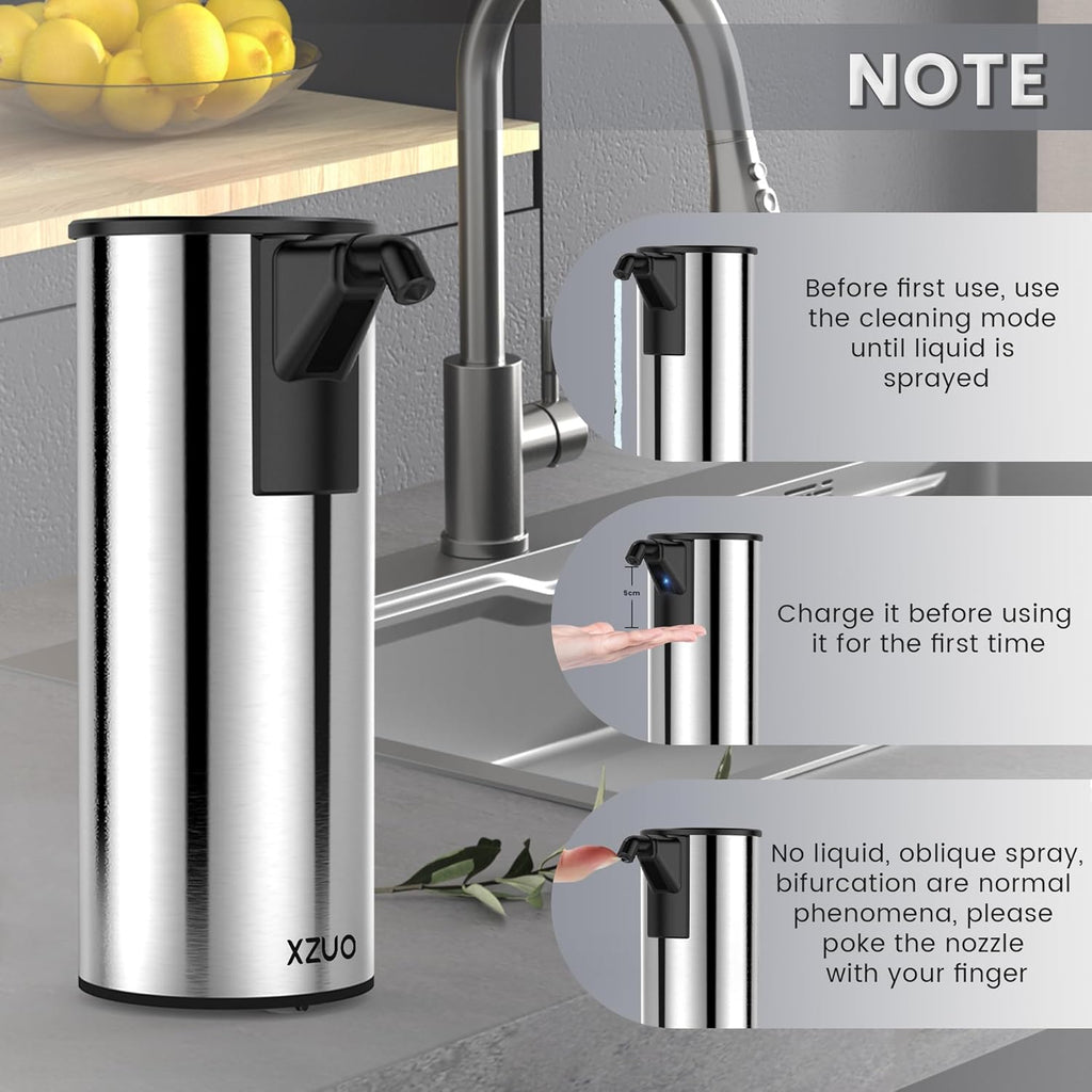 Automatic Soap Dispenser Touchless 11.8oz 4-Level Adjustment Auto Hand Soap Dispenser Stainless Steel Rechargeable for Bathroom Kitchen Hotel(Silver+Silver)