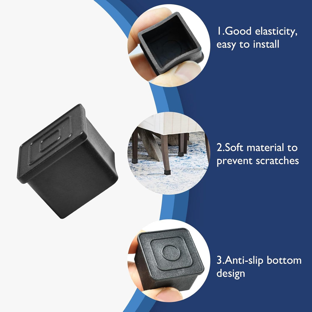 16 Pcs 1-3/4" x 1-3/4" Square Rubber Chair Leg Caps, PVC Table Leg Covers, Flexible & Anti-Slip Furniture Leg End Caps, Chair Leg Floor Protectors for Bar Stool Leg Patio Indoor, Black