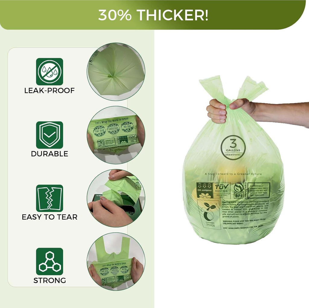 3 Gallon Compostable Trash Bags with Handle-Tie, Thick 0.67 Mil, 11.36 Liter, 80 Bags, Small Kitchen Food Scrap Waste Bag, ASTM D6400, US BPI and OK Compost Home Certified