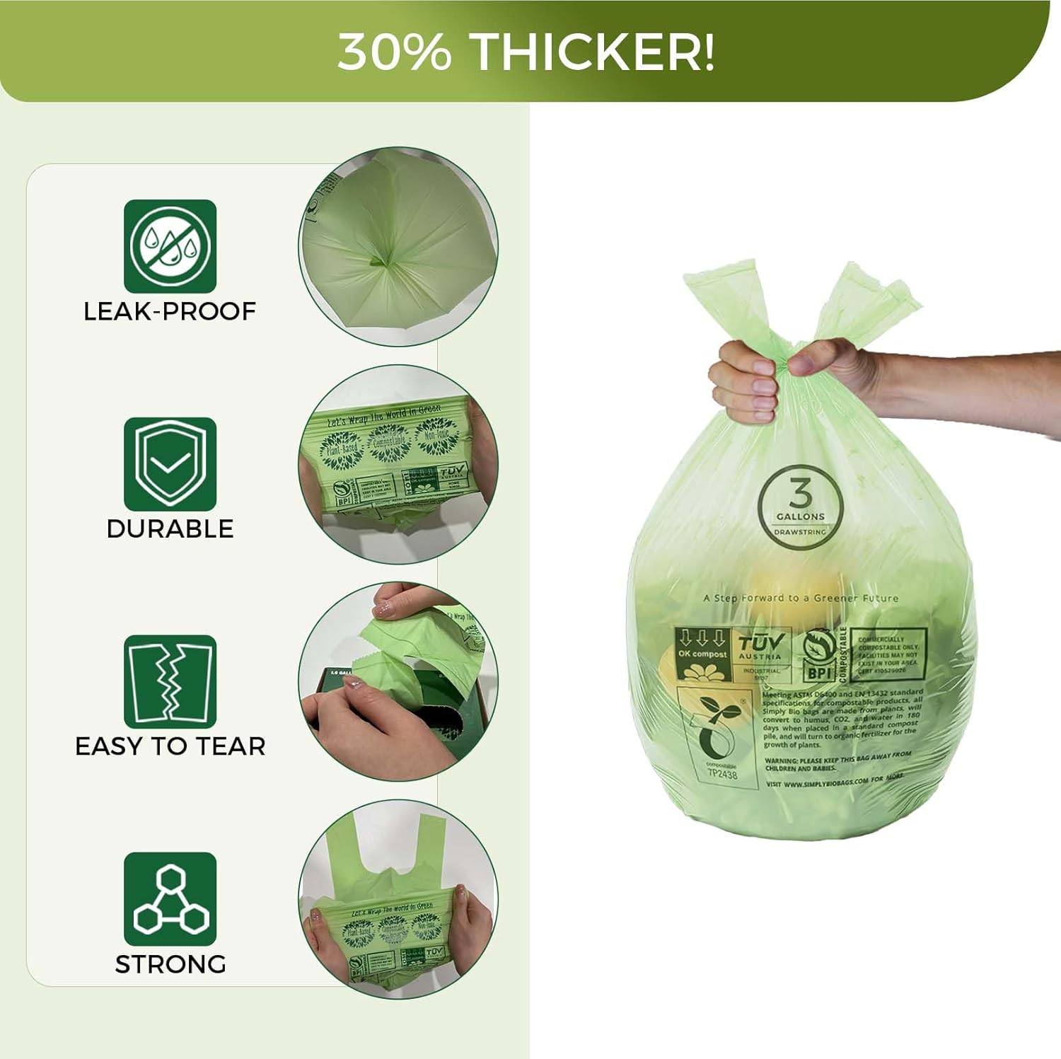 3 Gallon Compostable Trash Bags with Handle-Tie, Thick 0.67 Mil, 11.36 Liter, 80 Bags, Small Kitchen Food Scrap Waste Bag, ASTM D6400, US BPI and OK Compost Home Certified