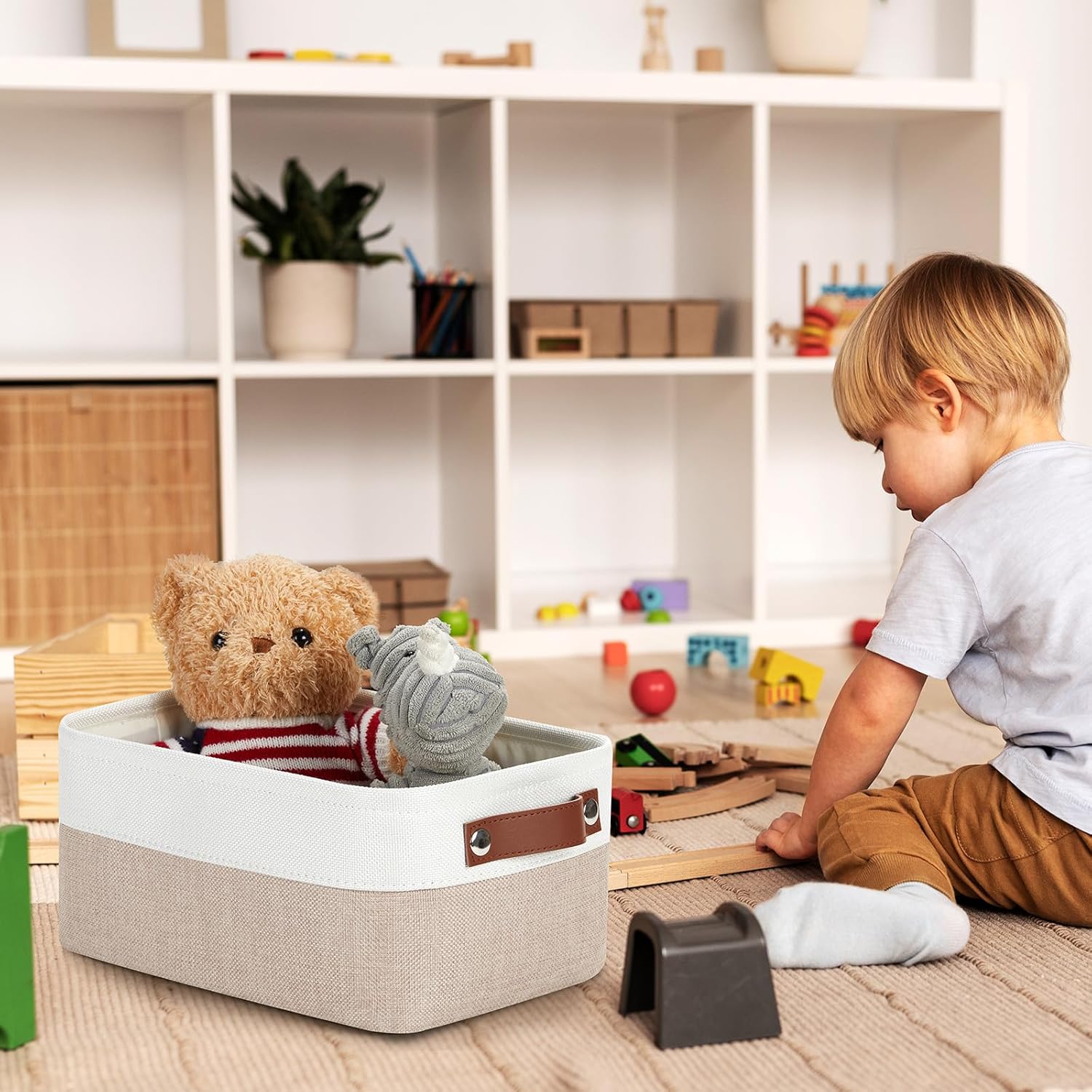 DULLEMELO Collapsible Fabric Storage Bins - Set of 2, 11.8x7.9x5.1 Inch, White & Khaki