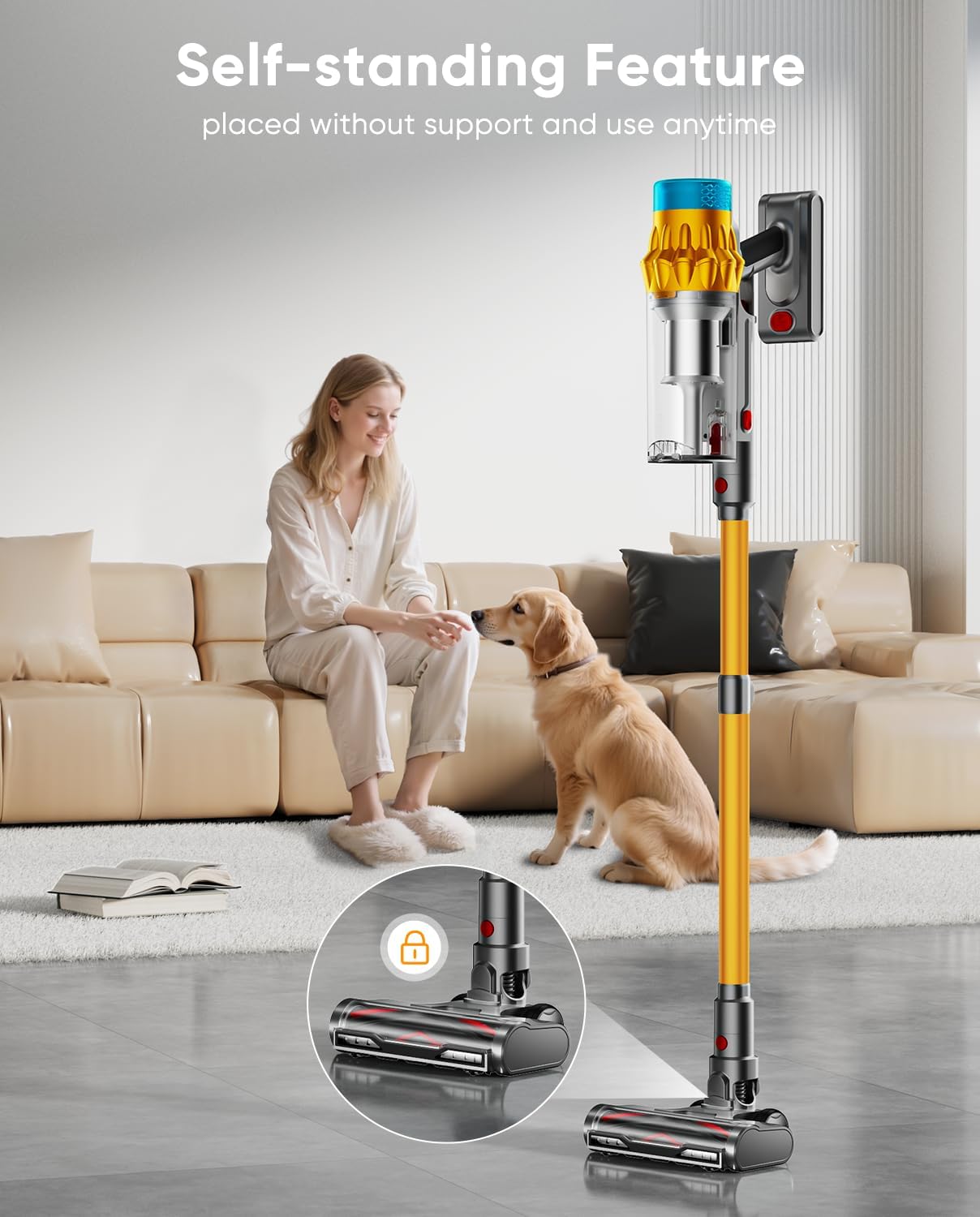 Cordless Vacuum Cleaner, 600W/50KPA, Max 70 Mins Runtime, Self-Standing Vacuum Cleaners for Home, Anti-Tangle Stick Vacuum, Smart Display Vacuum Cordless with 1.8L Cup for Pet Hair/Carpet (Gold)