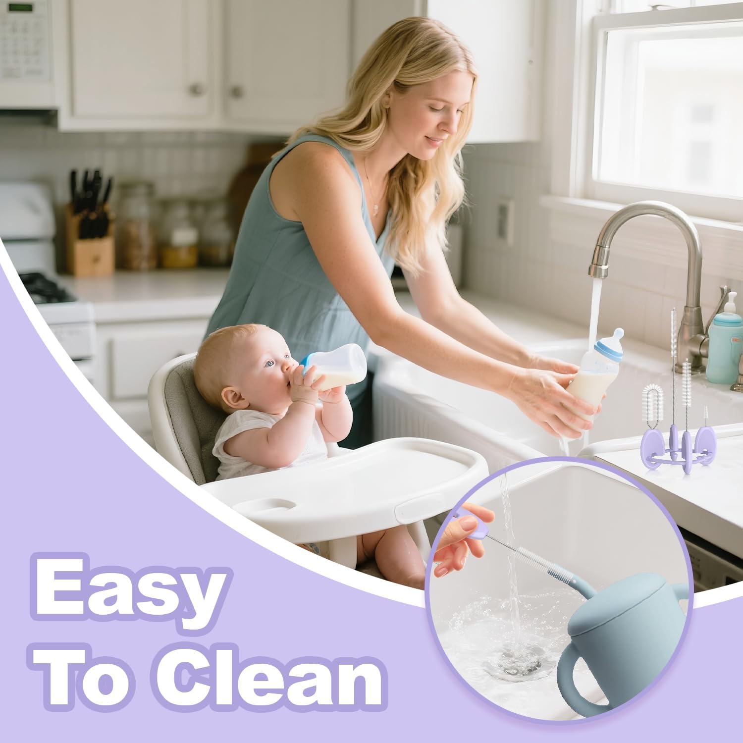 YOTIME Standing Straw Cleaner Brush Set, 4in1 Reusable Straw Brushes with Holder Ring, for Baby Bottles, Sippy Cups and Lids, Purple