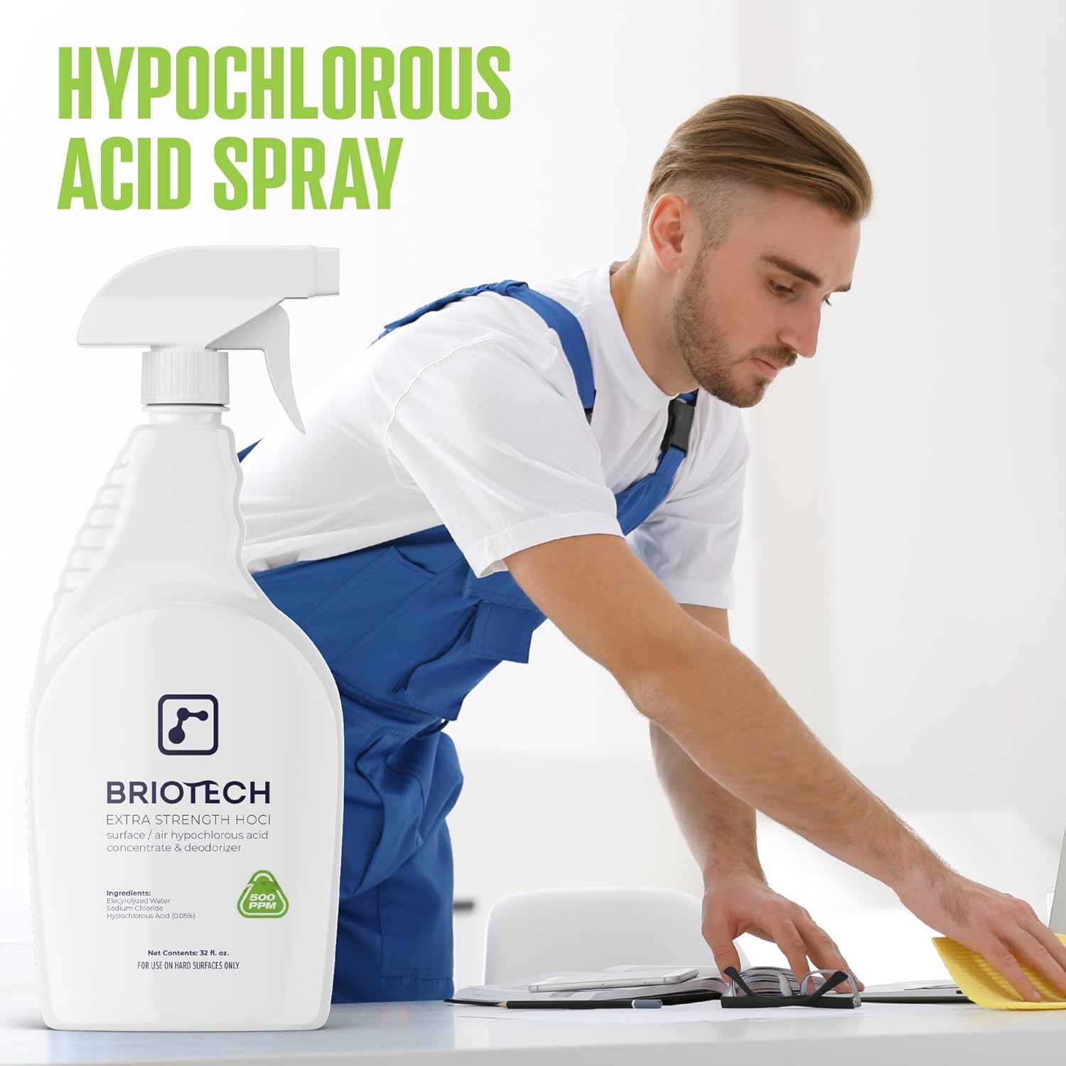 BRIOTECH Extra Strength HOCl Cleaner, 500 PPM Hypochlorous Acid Concentrate, ULV Foggers & Humidifiers, Professional Deodorizer for Dental, Offices, Schools, Homes, Peroxide Free, 32 fl oz