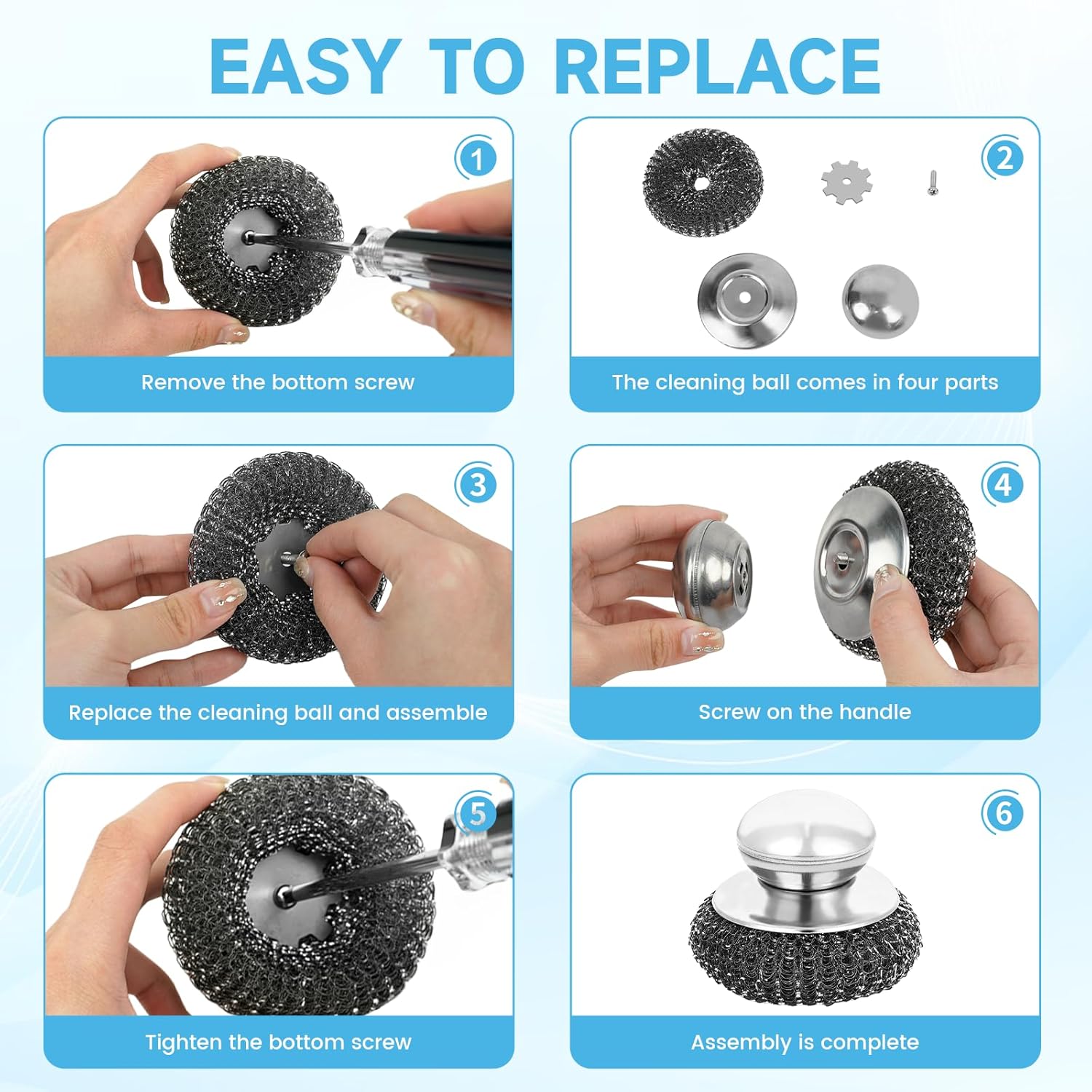 6Pcs Steel Wool Scrubber, Stainless Steel Scrubber with Handle for Cleaning Kitchen and Household Stubborn Messes from Stoves Pans Pots Grill Sink with Replacement Wire Brush Set (3 Pcs+3 Replacement)