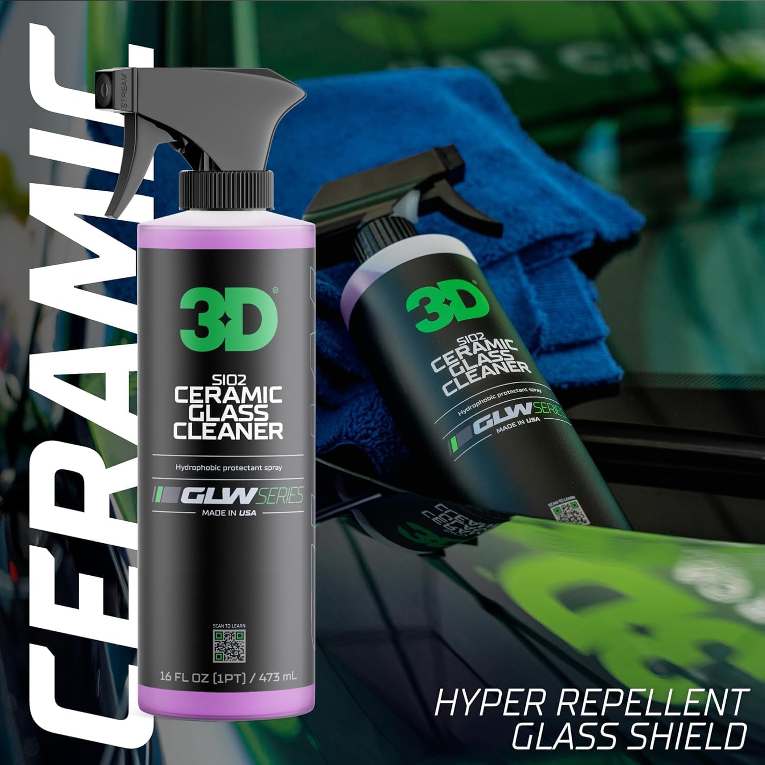 3D SiO2 Ceramic Glass Cleaner, GLW Series | Water & Rain Repellent | All-Weather Protective Ceramic Glass Cleaner | Safe for Tinted, Non-Tinted Windows & Mirrors | DIY Car Detailing | 16 oz