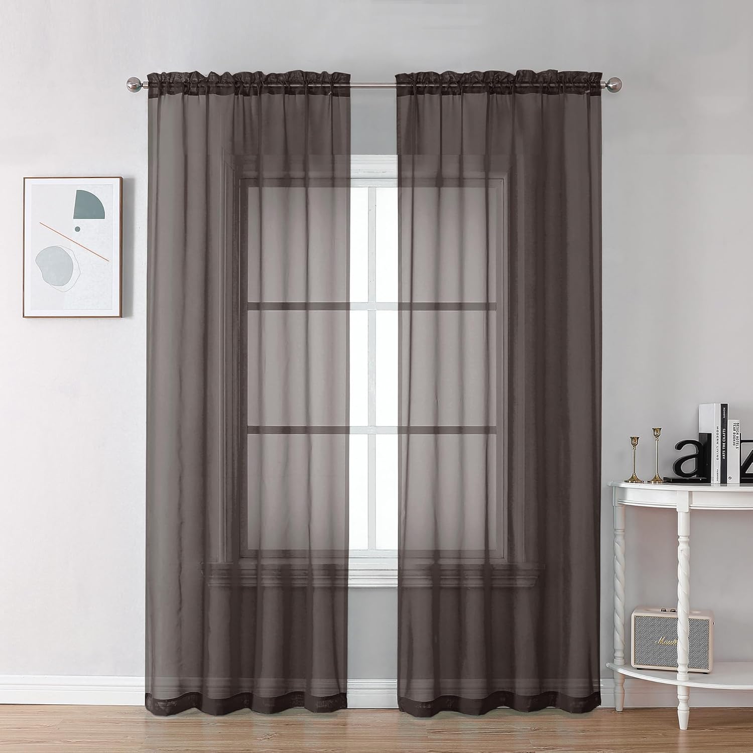 Chyhomenyc Chocolate Brown Sheer Curtains 78 Inches Long 2 Panels Set for Living Room, Light Filtering Voile Lightweight Bedroom Curtains, Rod Pocket Solid Window Treatment Drapes, Each 42W x 78L