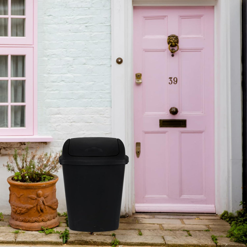 10 Gallon Plastic Garbage Bin with Lid, Swing Top Waste Container, Kitchen Trash Can with Swing Lid, Black, 4 Packs