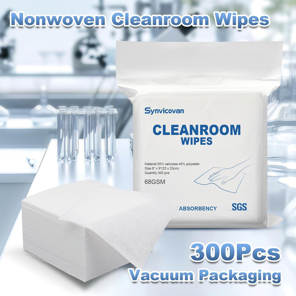 Cleanroom Wipes 9"x9" (300 Pcs, Cellulose/Polyester Blend, Grade A, 68GSM) Lint Free Wipes for Laboratory, Electronics, Pharmaceutical,Printing,Automotives and Semiconductor Industries