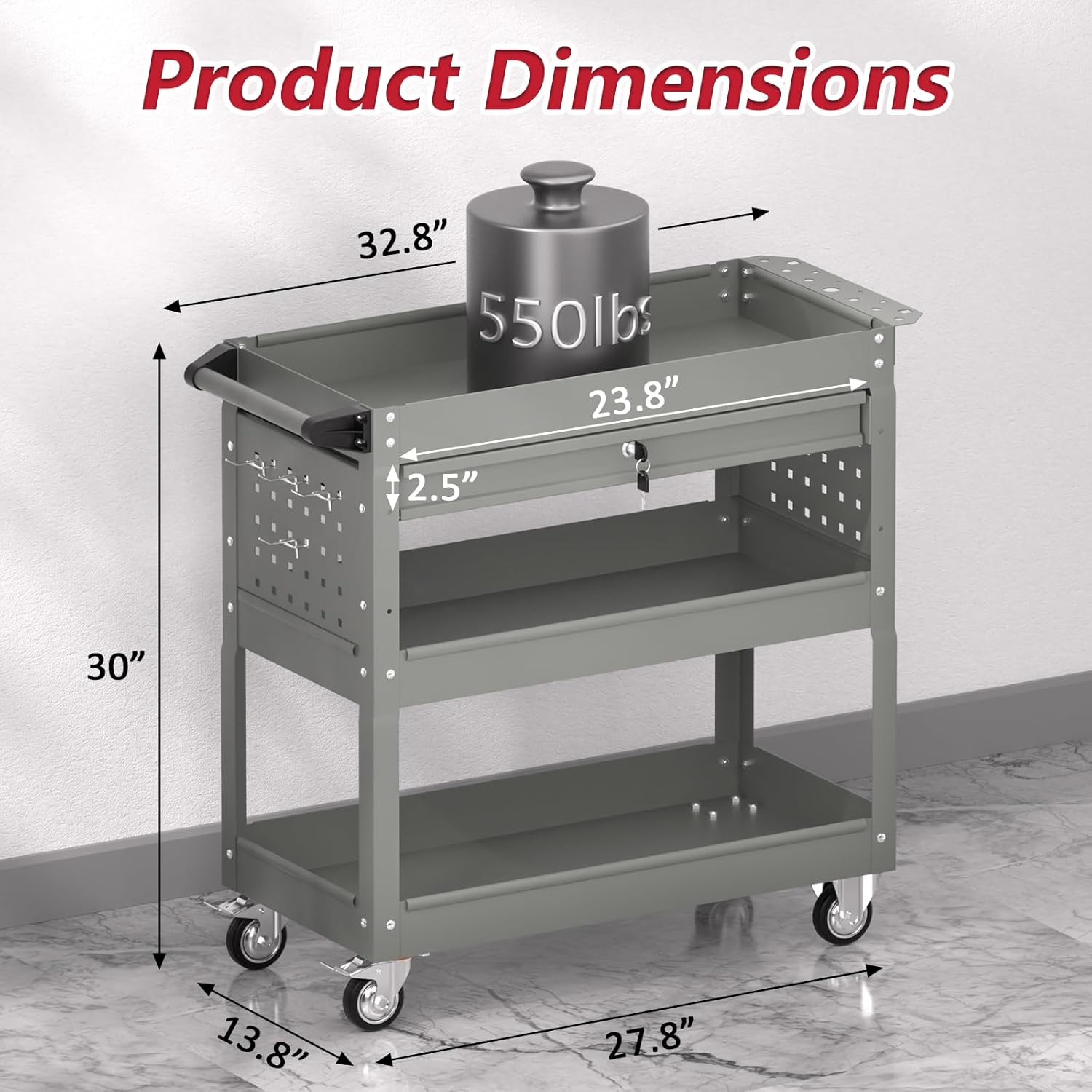 3 Tier Rolling Tool Cart on Wheels, Heavy Duty Industrial Utility Cart Service Cart with Drawer and Screwdriver Rack Pegboard, 550 LBS Mobile Tool Storage Organizer for Workshop, Garage(Gray)