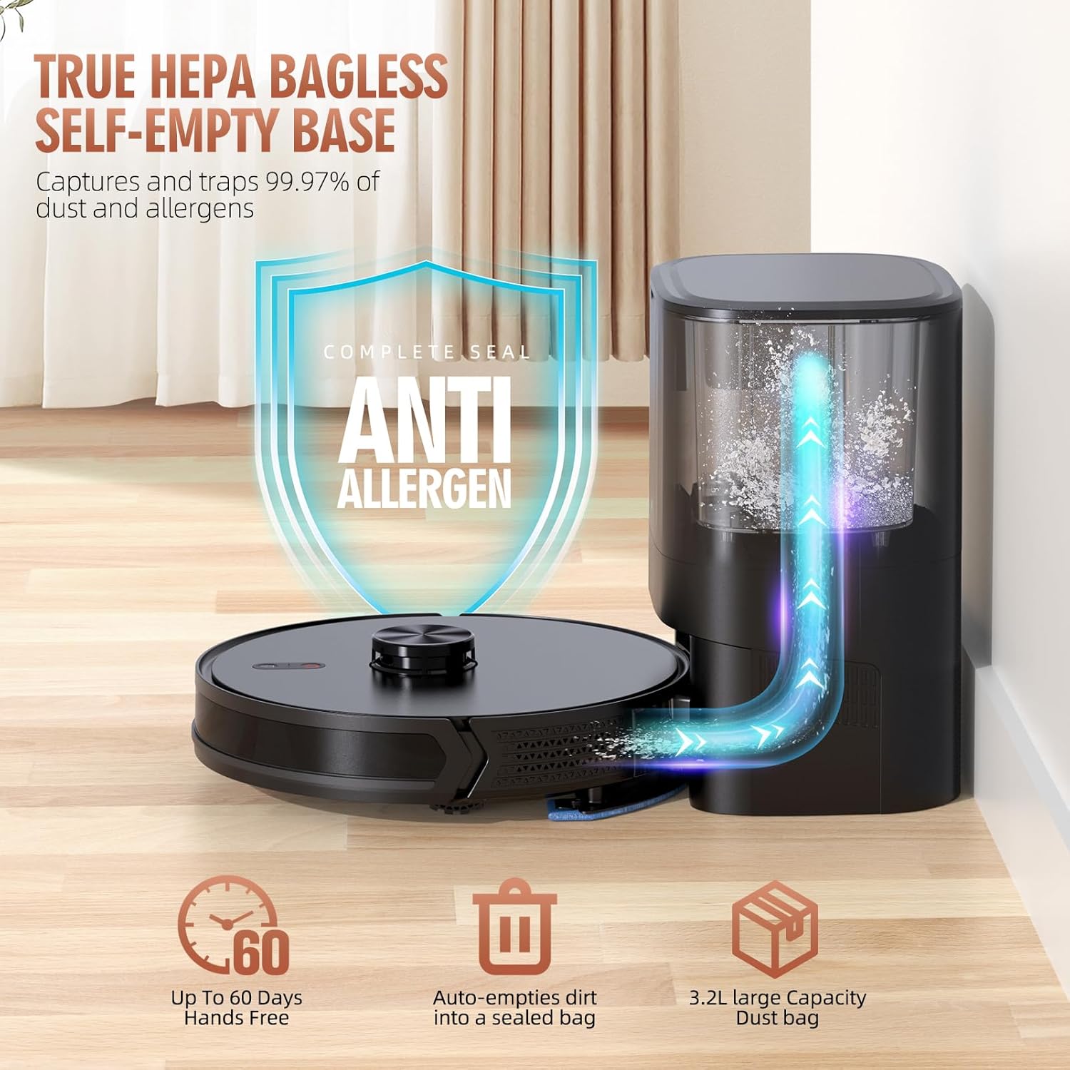 3-in-1 Robot Vacuum and Mop Combo with Self-Emptying Dock for 60 Days，LiDAR Navigation,4500Pa Strong SuctionApp/WiFi/Alexa Control, Self-Charging, Replaceable Dust Bag