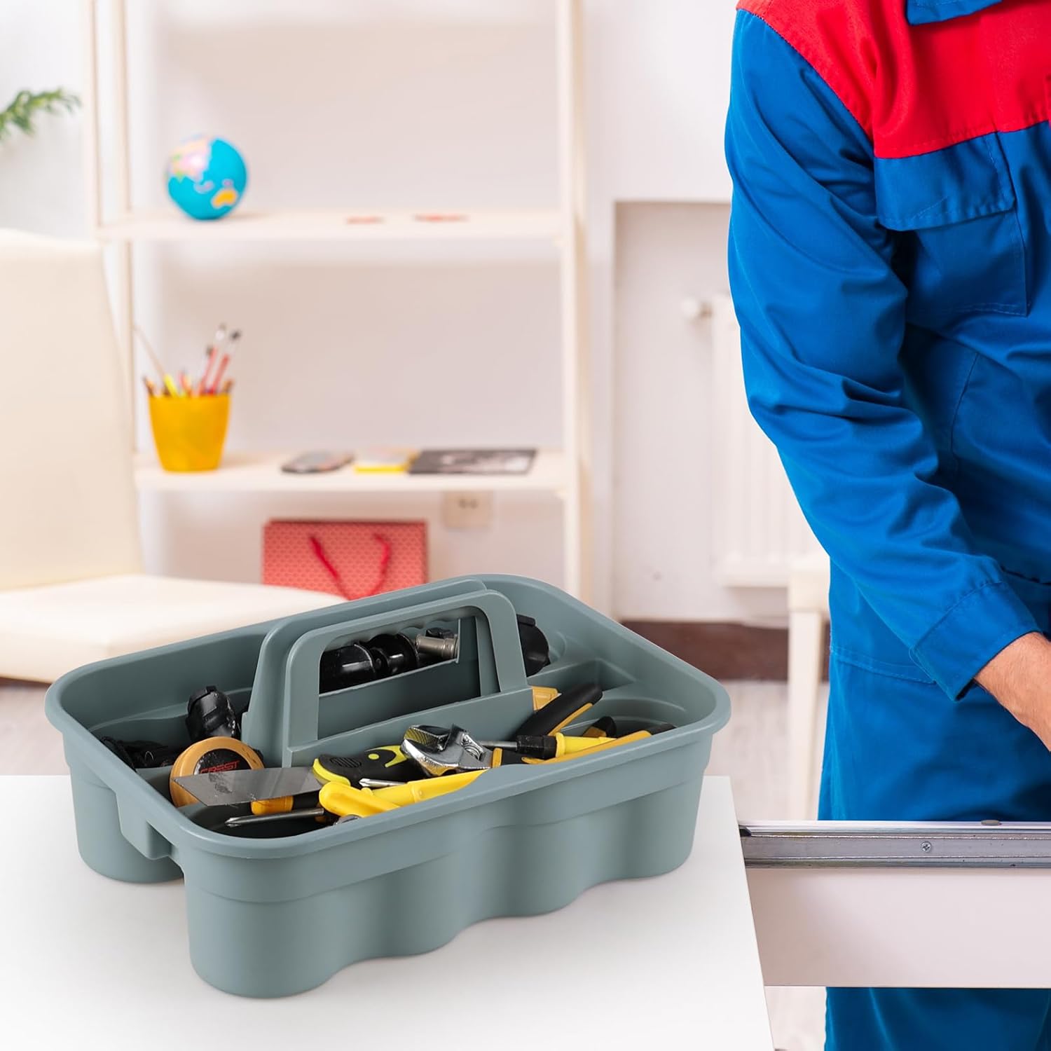 4 Packs Plastic Cleaning Caddy, 2 Compartment Cleaning Tool Caddy with Handle, Grey