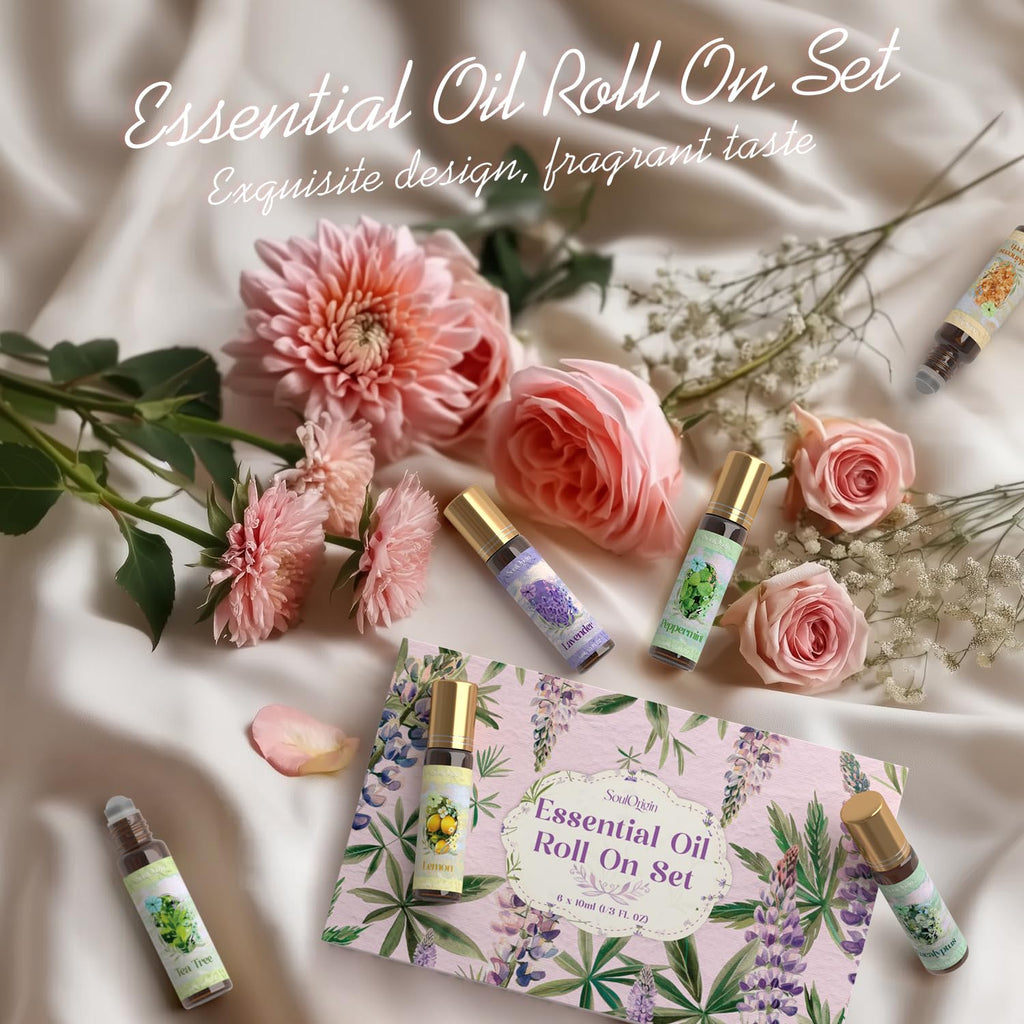 Essential Oil Roll On Set, Natural Aromatherapy Oils with Portable Roller Ball for Skin Care- Tea Tree, Frankincense & Myrrh, Lavender, Peppermint, Eucalyptus, Lemon - Gifts for Women & Men
