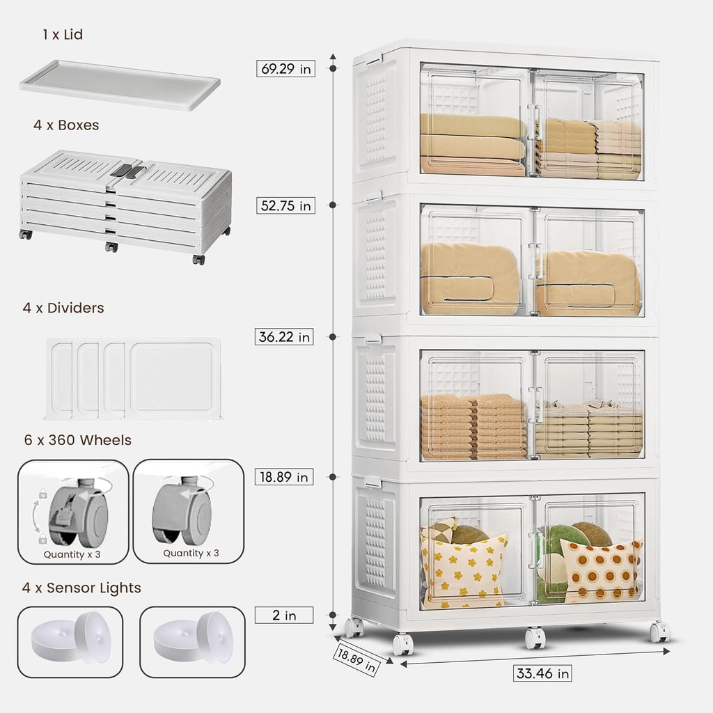 752QT/188Gal 4 Stackable Storage Bins with Lid and 8 doors, Motion Sensor Lights in Cabinets, Large Collapsible Container Box with 6 Wheels, Plastic Foldable Organizer for Home - Pure White