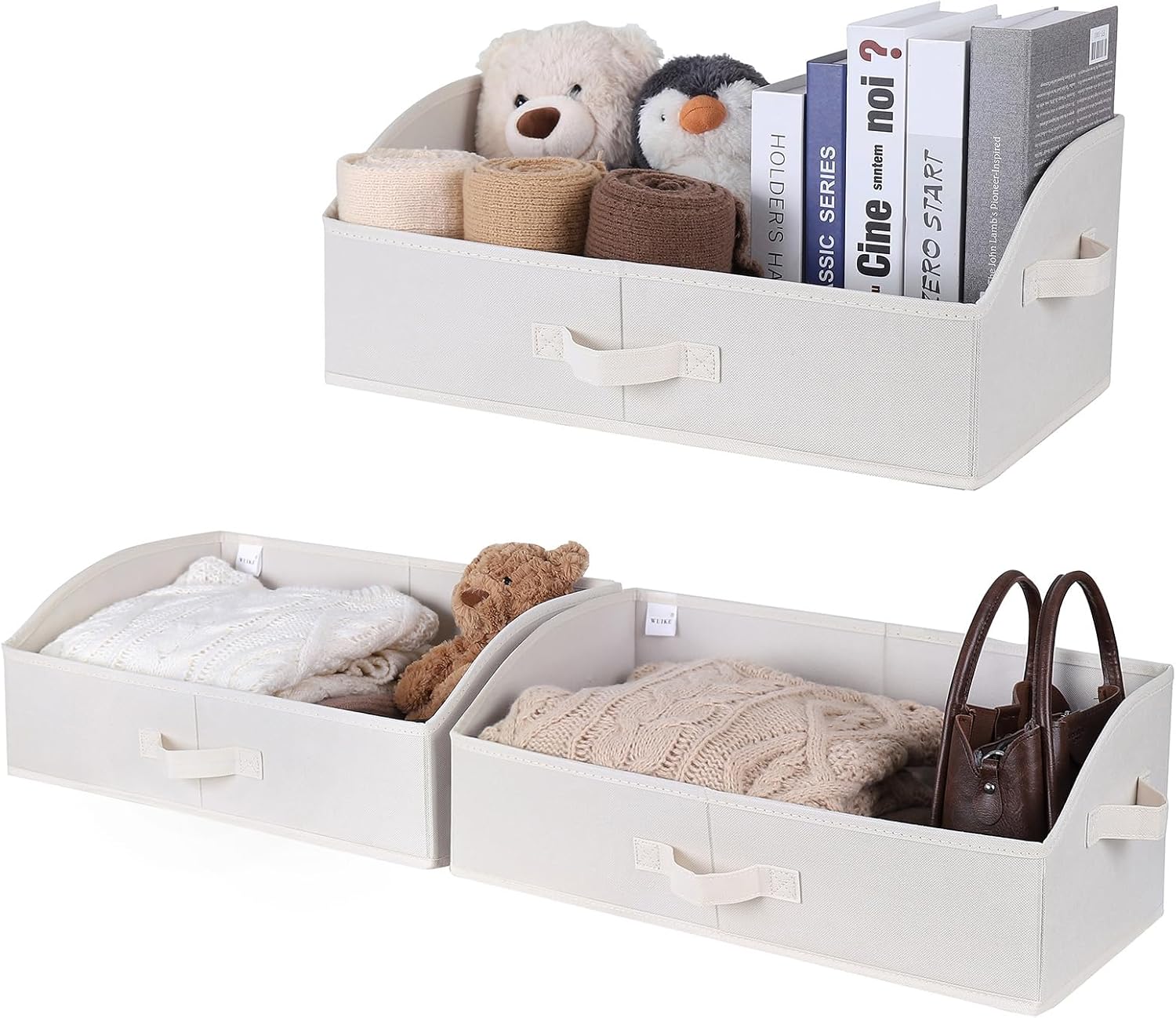 WUIKE 3 Pack Extra Large Closet Storage Bins with Handles, Fabric Trapezoid Storage Binsr for Organizing Clothes, Sheets, Blankets, White & Beige