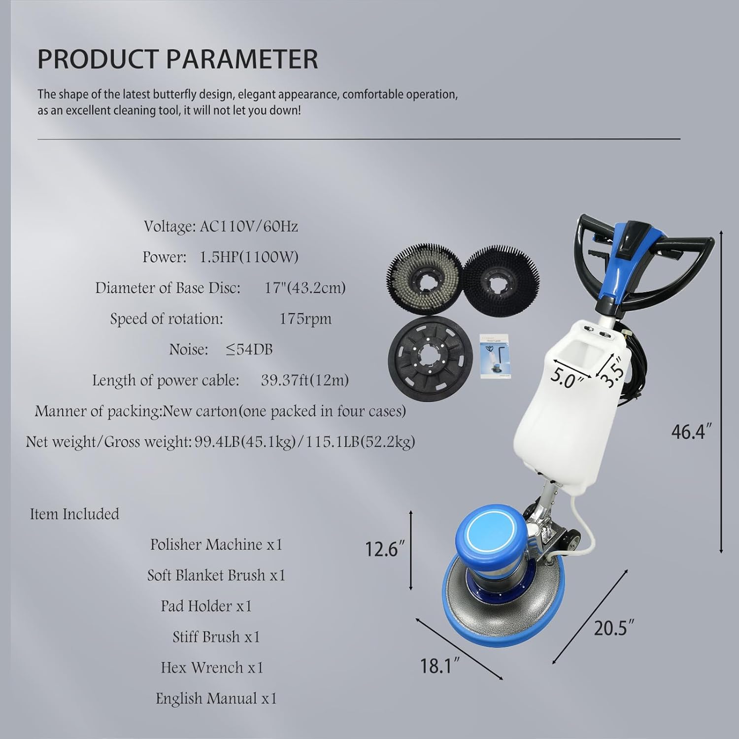 110V Floor Polisher Commercial Floor Scrubber Machine, Carpet Buffer Scrubber with 3.1gal Water Tank and 17" Base 175Rpm 1100W, for Marble/Cement/Epoxy/Rubber Floors/Wood