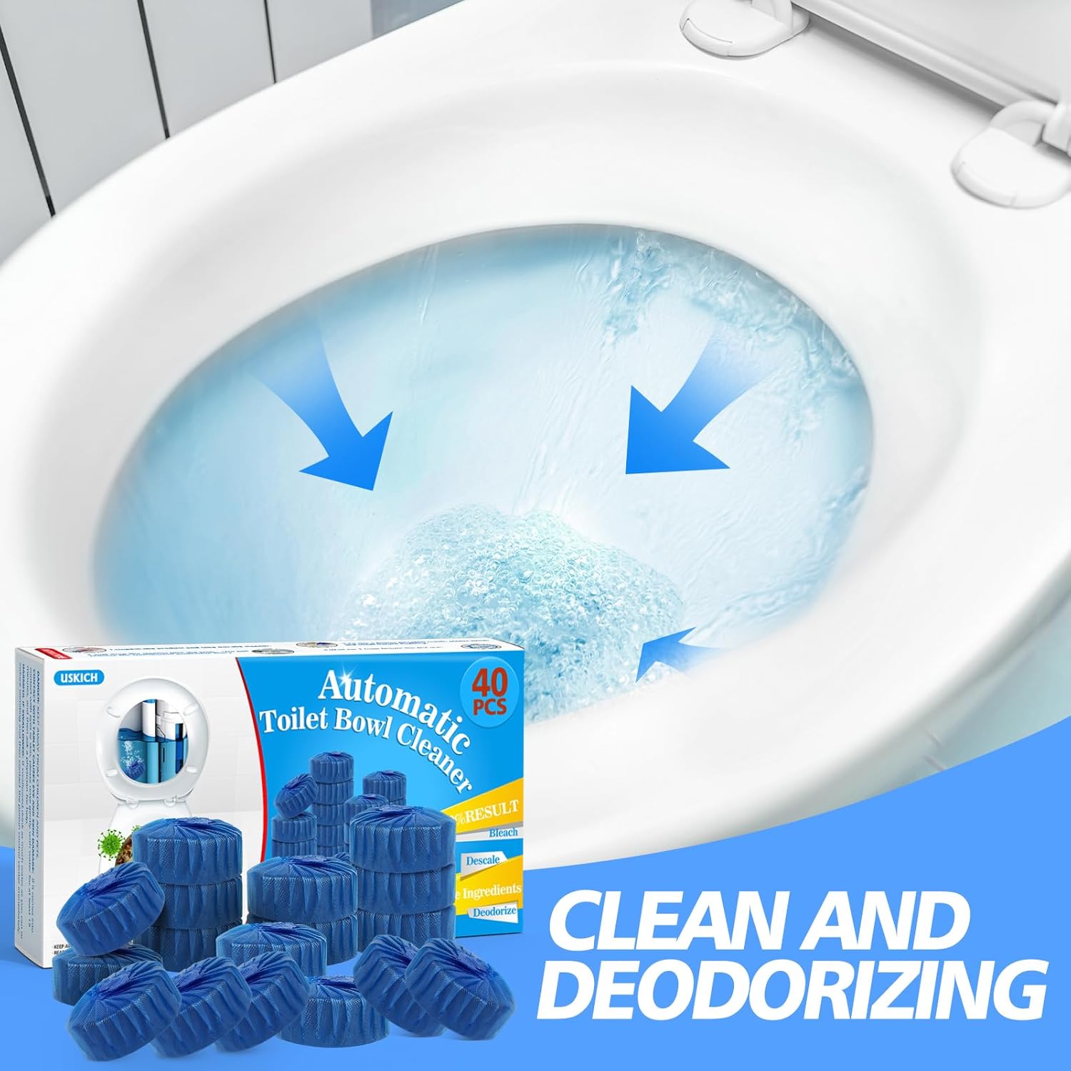 USKICH 40 Pack Toilet Bowl Cleaner Tablets,Blue Automatic Toilet Tank Cleaners, Long-Lasting Household Toilet Cleaners,Toilet flush Cleaning & Deodorizer