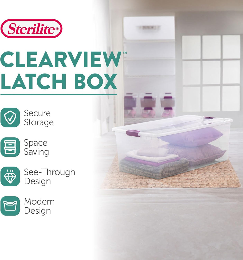 Sterilite 4-Pack 110 Quart ClearView Latch Box, Stackable Organizer Bins with Latching Lids - Clear Plastic Organization Containers for Closet, Bedroom, Shelving Units and Everyday Home Storage