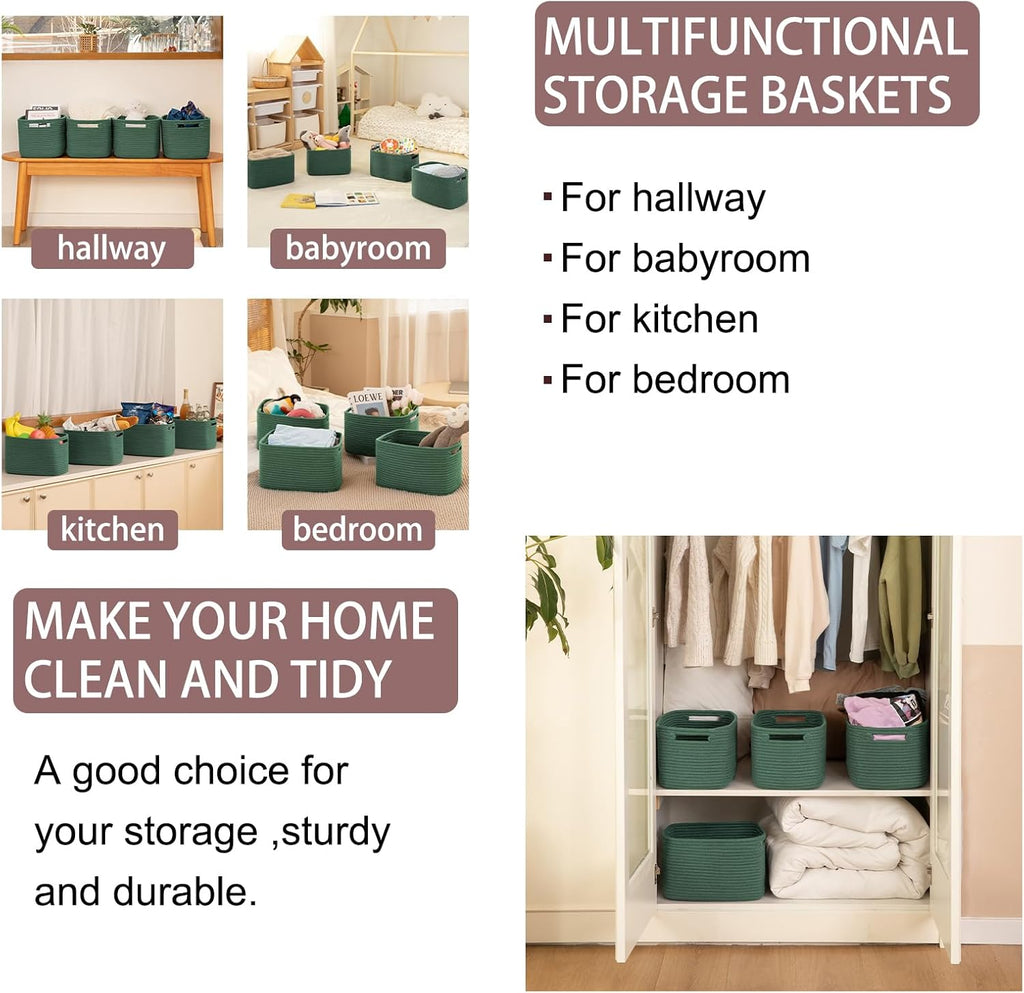OIAHOMY 4 Pack Storage Baskets for Organizing, Cube Storage Bins for Shelves, Rectangle Storage Baskets With Handles, Woven Baskets for Storage, 12.7''Lx9''Wx7.8''H, Green
