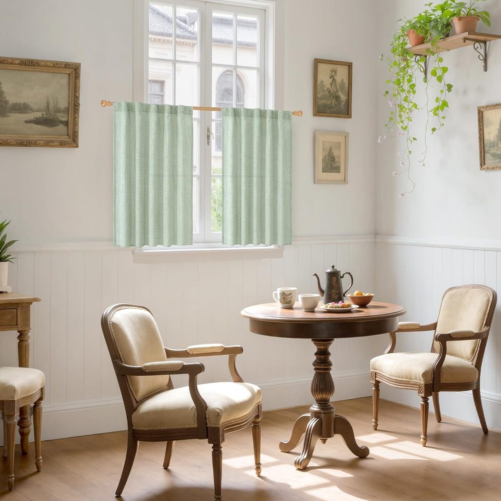 YoungsTex Sage Green Linen Semi Sheer Curtains 40 Inch Length for Kitchen Window, Short Drapes Light Filtering with Rod Pocket Back Tab for Cafe Bathroom, 2 Panels, 42 X 40 Inch