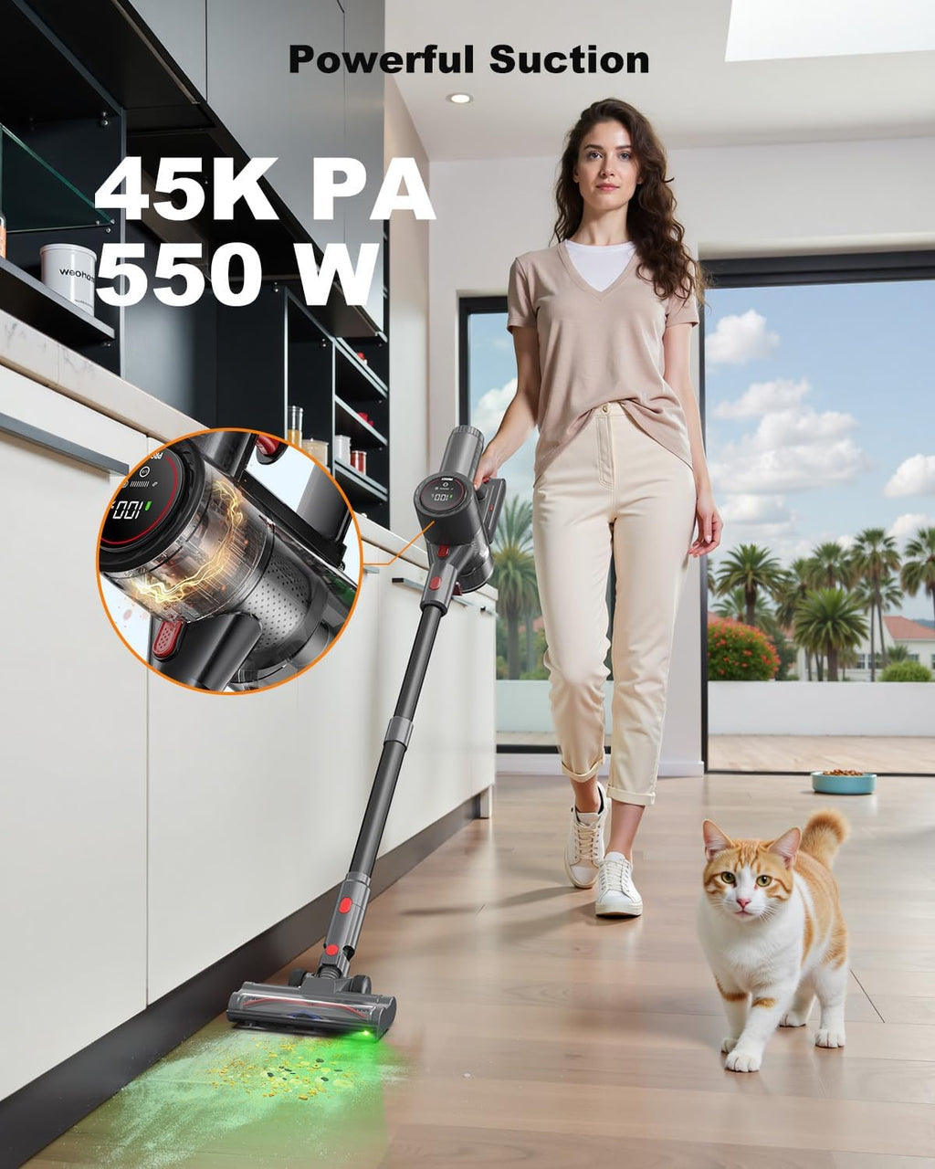 Cordless Vacuum Cleaner, 6-in-1 Lightweight Stick Vacuum with 45mins Runtime, LED Display & Light, Self-Standing, Rechargeable Cordless Vacuum for Carpet, Tile, Pet Hair, Hardwood Floors (Black)