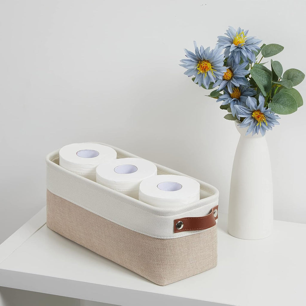 DULLEMELO 2-Pack Bathroom Baskets for Toilet, Small Storage Bins for Organizing Closets, Cabinets, Shelves, Canvas Fabric Storage Basket Bins With Leather Handles for Empty Gift Basket (White&Khaki)