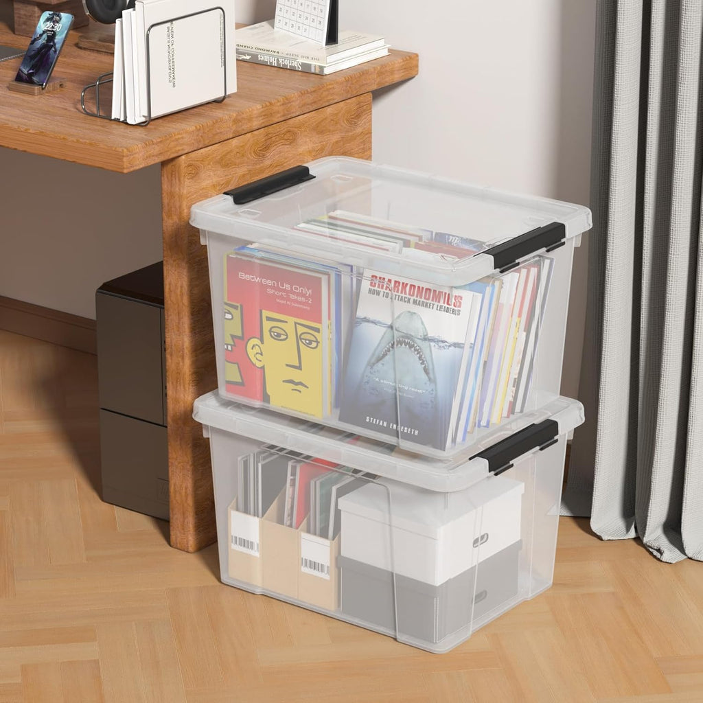 35 Quart Latching Storage Box with Wheels, See-Through Base Plastic Container Bins with Secure Latching Lid, Black Latch, (4-Pack)